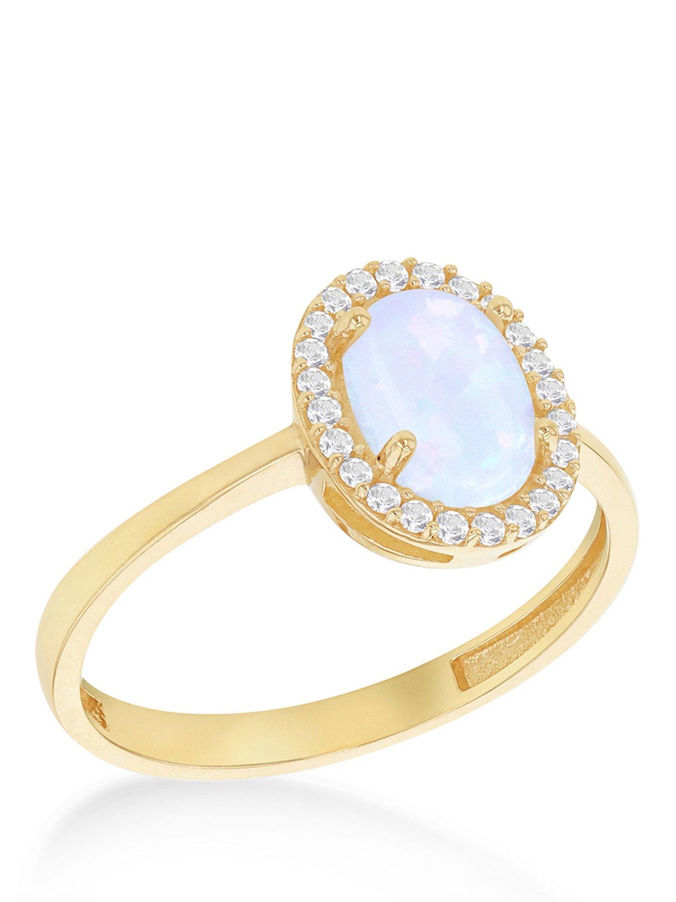The Love Collection 9ct Yellow Gold CZ and Oval Synthetic Opal Halo Ring