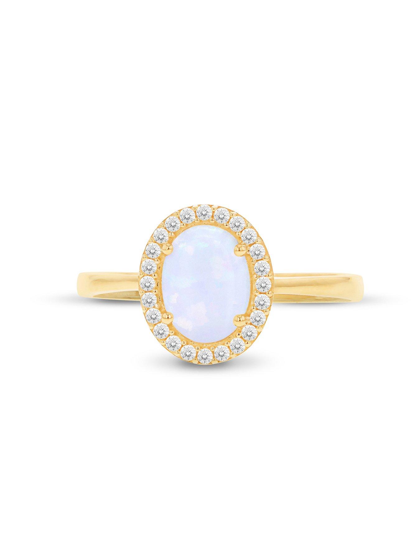 The Love Collection 9ct Yellow Gold CZ and Oval Synthetic Opal Halo ...