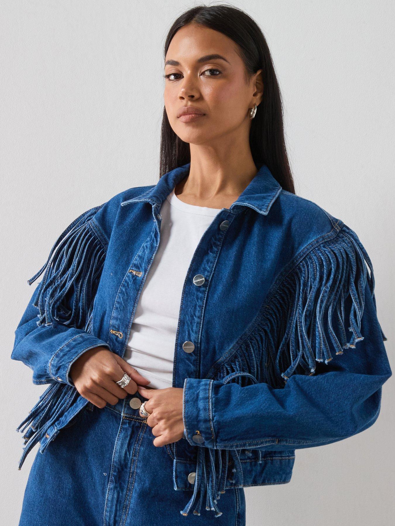 AllSaints Marlene Tassel Denim Jacket, Blue, Size 16, Women