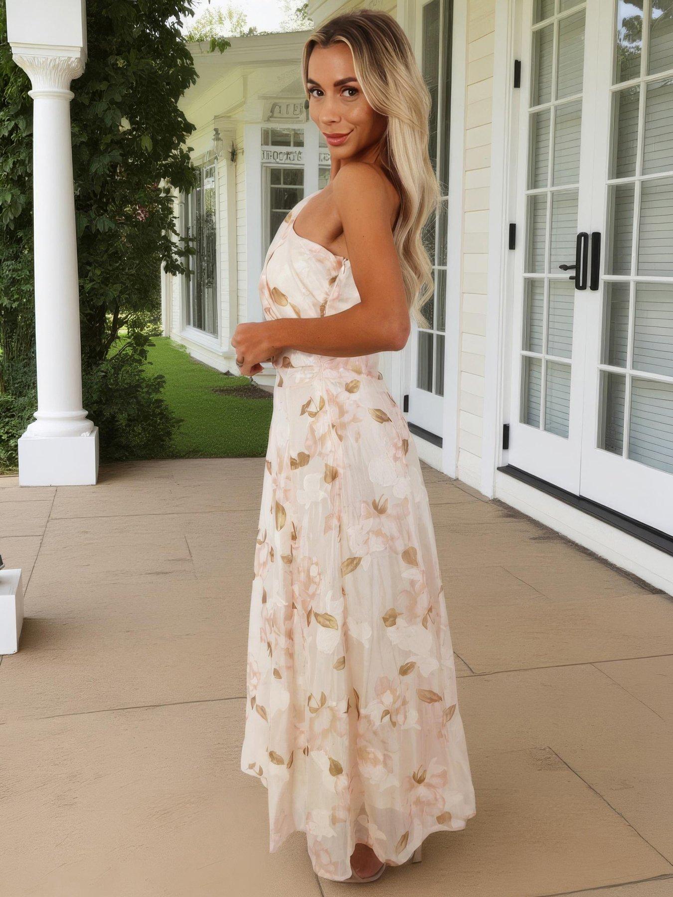 white christmas dresses Floral Print Silk Chiffon Dress with Ruffled Neckline and Sweep Train Multicolor / US 20 main image 1
