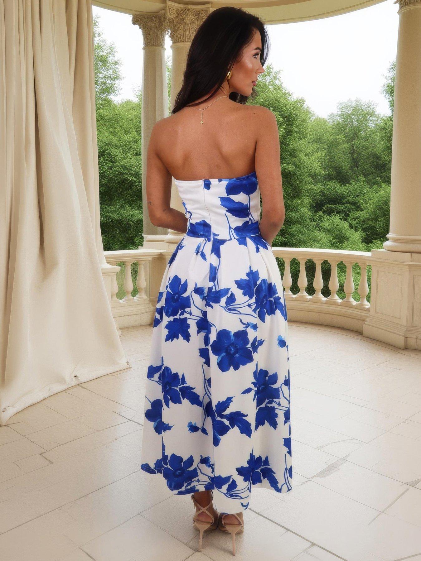 ax paris blue floral dress Blue Floral Frill Sleeve Midi Dress – AX Paris main image 0
