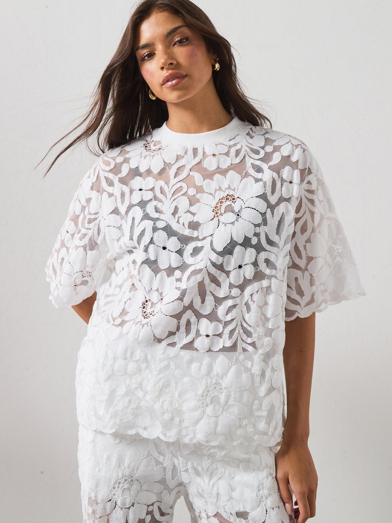 AllSaints Amelie Oversized Short Sleeve Lace T-Shirt, White, Size Xs, Women