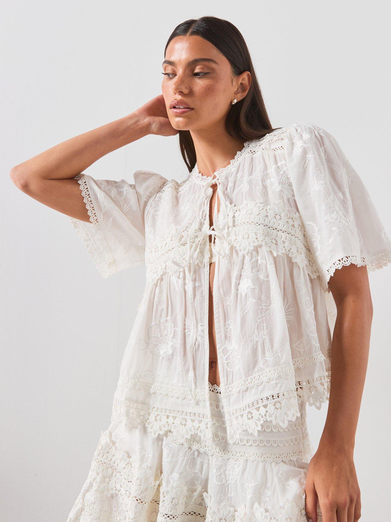 AllSaints Lillith Embroidered Short Sleeve Top, White, Size 8, Women