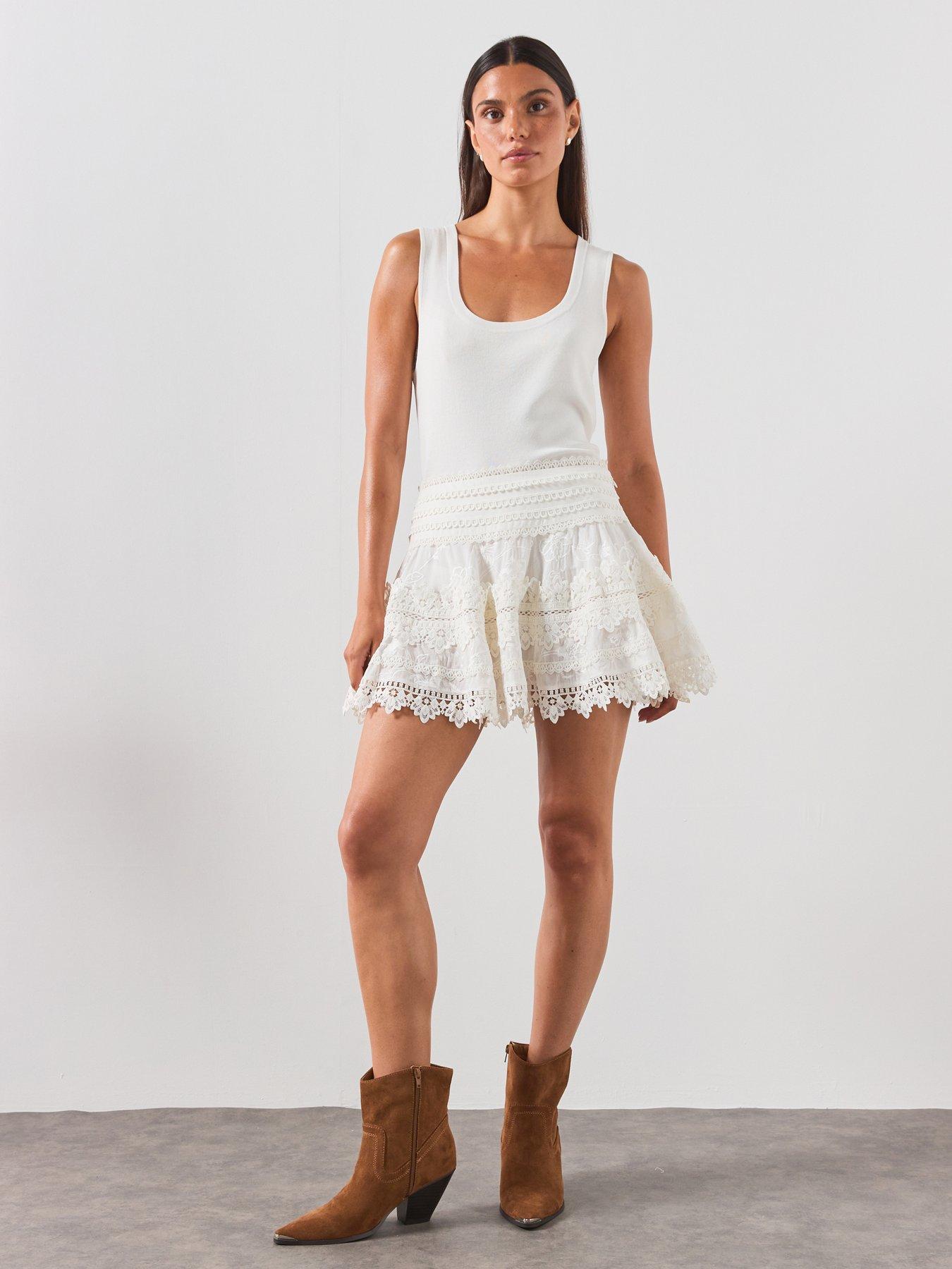AllSaints Lillith Embroidered Mini Skirt, White, Size 14, Women