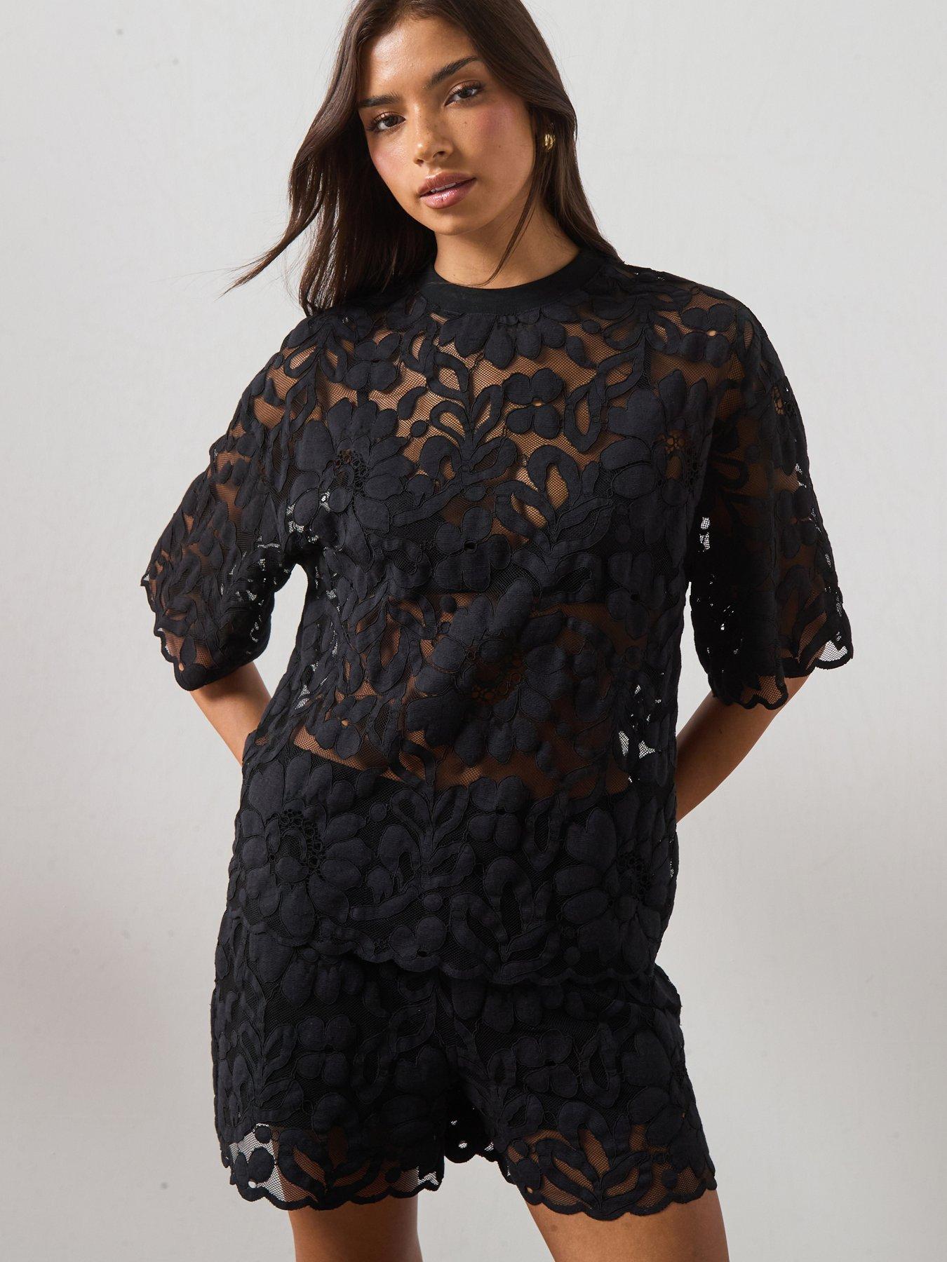 AllSaints Amelie Oversized Short Sleeve Lace T-Shirt, Black, Size Xs, Women