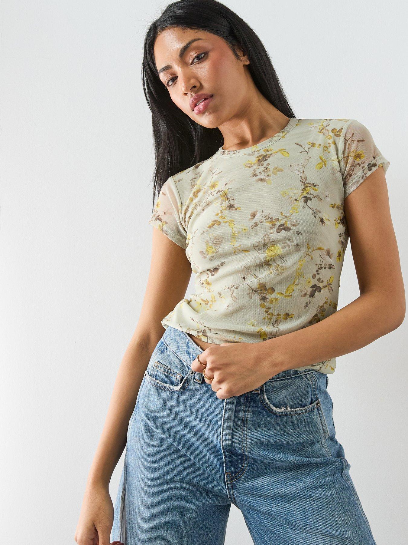 AllSaints Ellie Mesh Floral Print Slim T-Shirt, Green, Size 14, Women