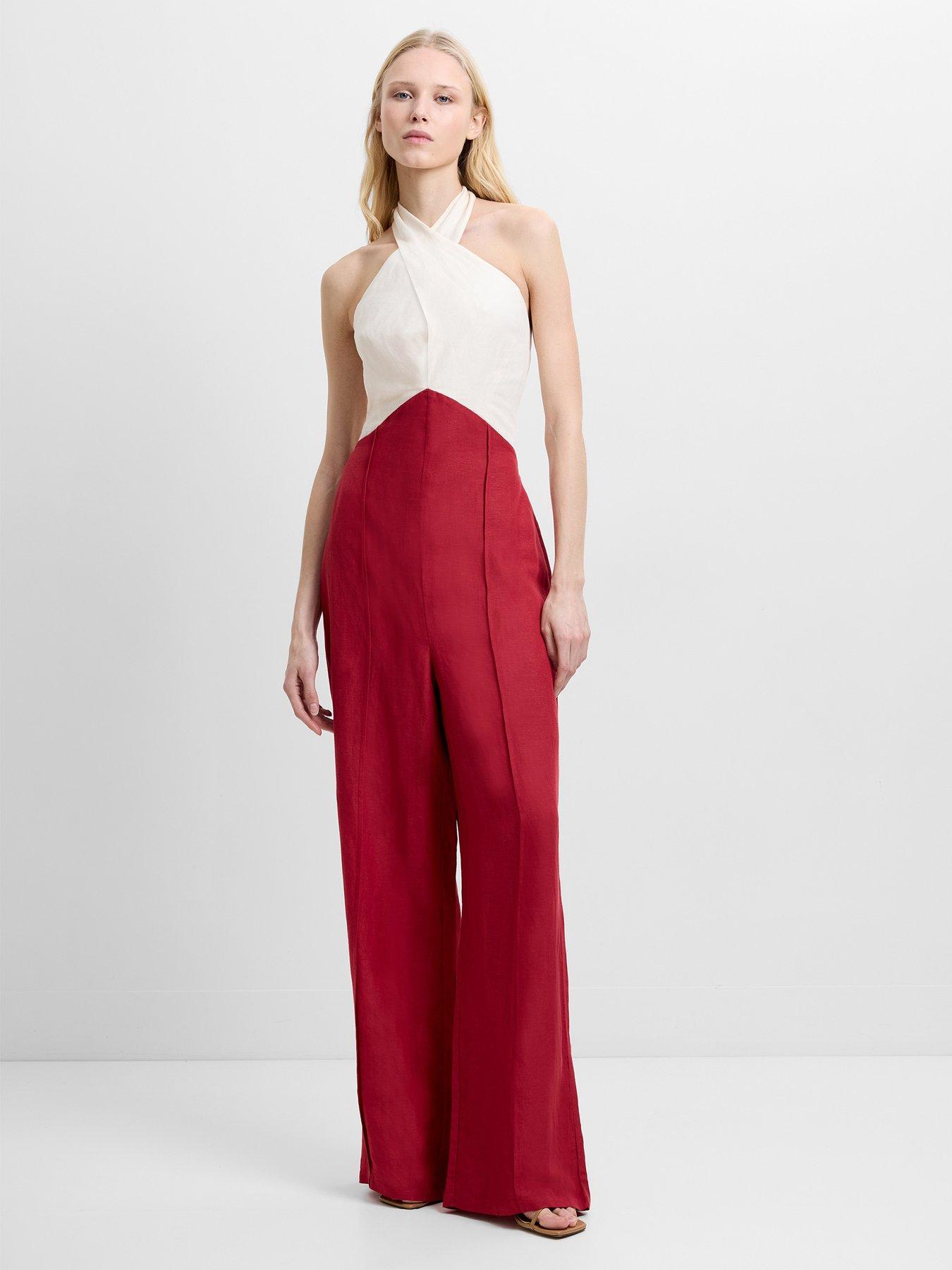 Image 1 of 6 of French Connection Linen Blend Colourblock Halter Neck Jumpsuit