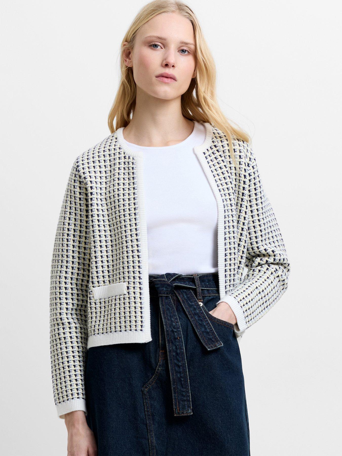 French Connection Micro-check Long Sleeve Collarless Knit Cardigan