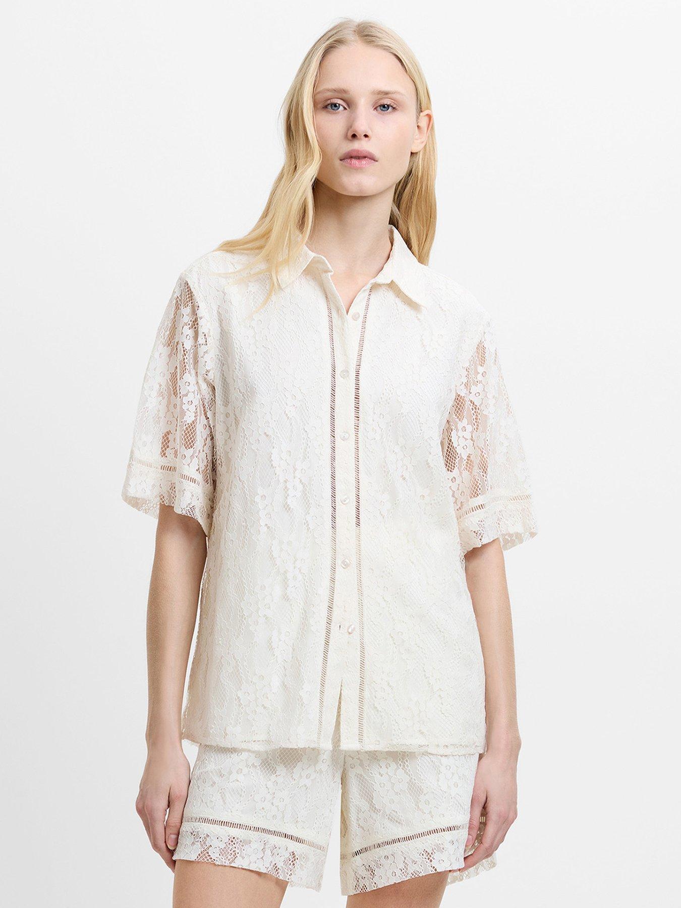 Image 1 of 5 of French Connection Lace Button-up Short Sleeve Shirt