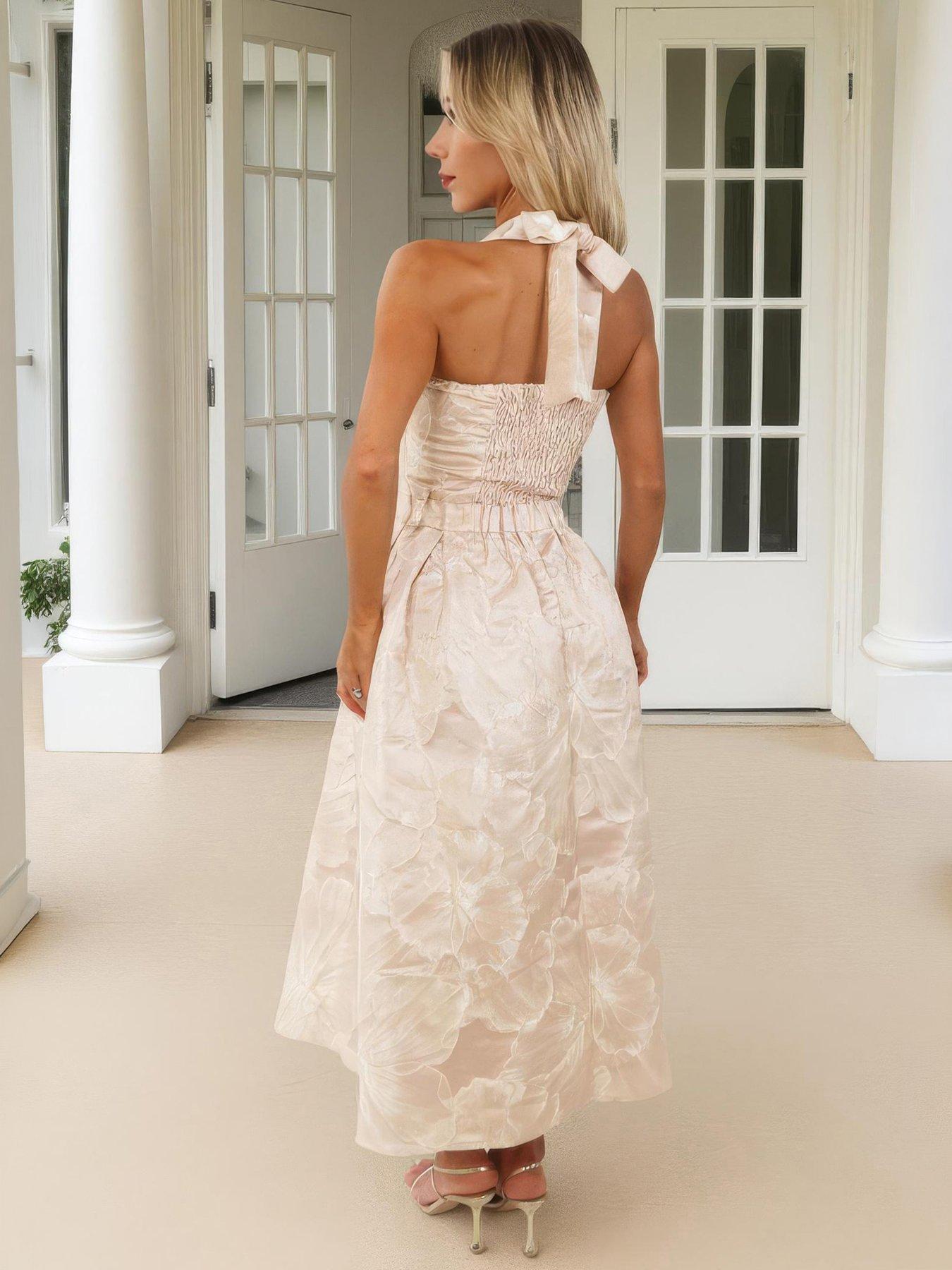 AX Paris Floral Jacquard Tie Neck A-Line Midi Dress - Blush Pink | Very