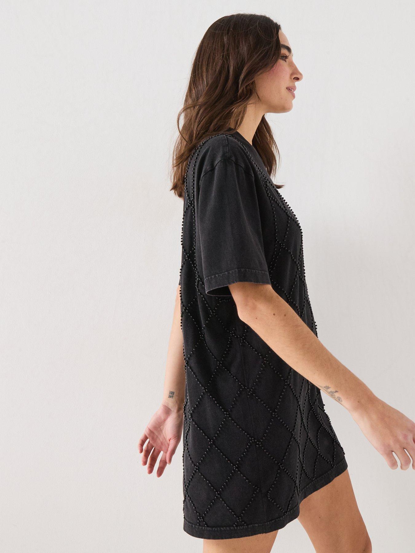 all saints black shirt dress Alora Sequin Beaded Floral Mini Dress in Black | Size: XL | Knit Fabric/Mesh Fabric/Sheer Mesh Fabric main image 1