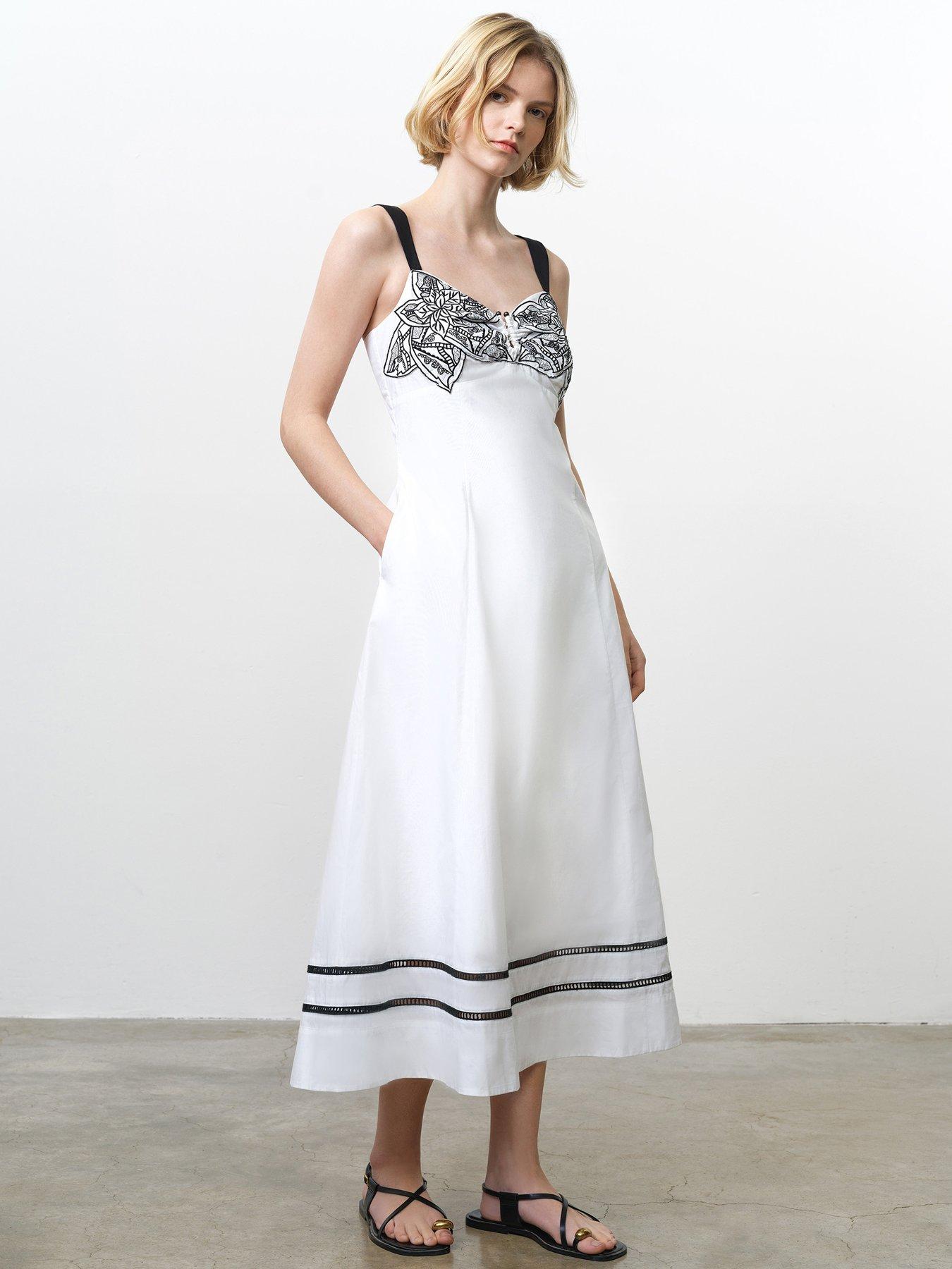 Image 1 of 5 of French Connection Cotton Floral Embroidered Wide Strap Midi Dress