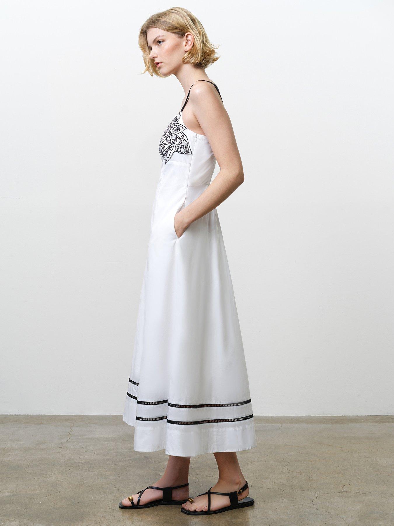 Image 4 of 5 of French Connection Cotton Floral Embroidered Wide Strap Midi Dress