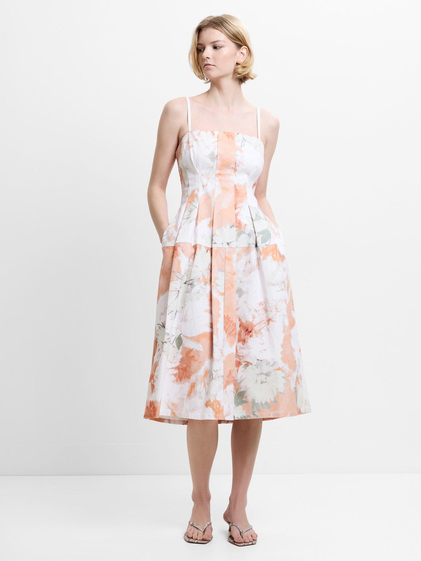 French Connection Cotton Floral Print Spaghetti Strap Denim-look Midi Dress