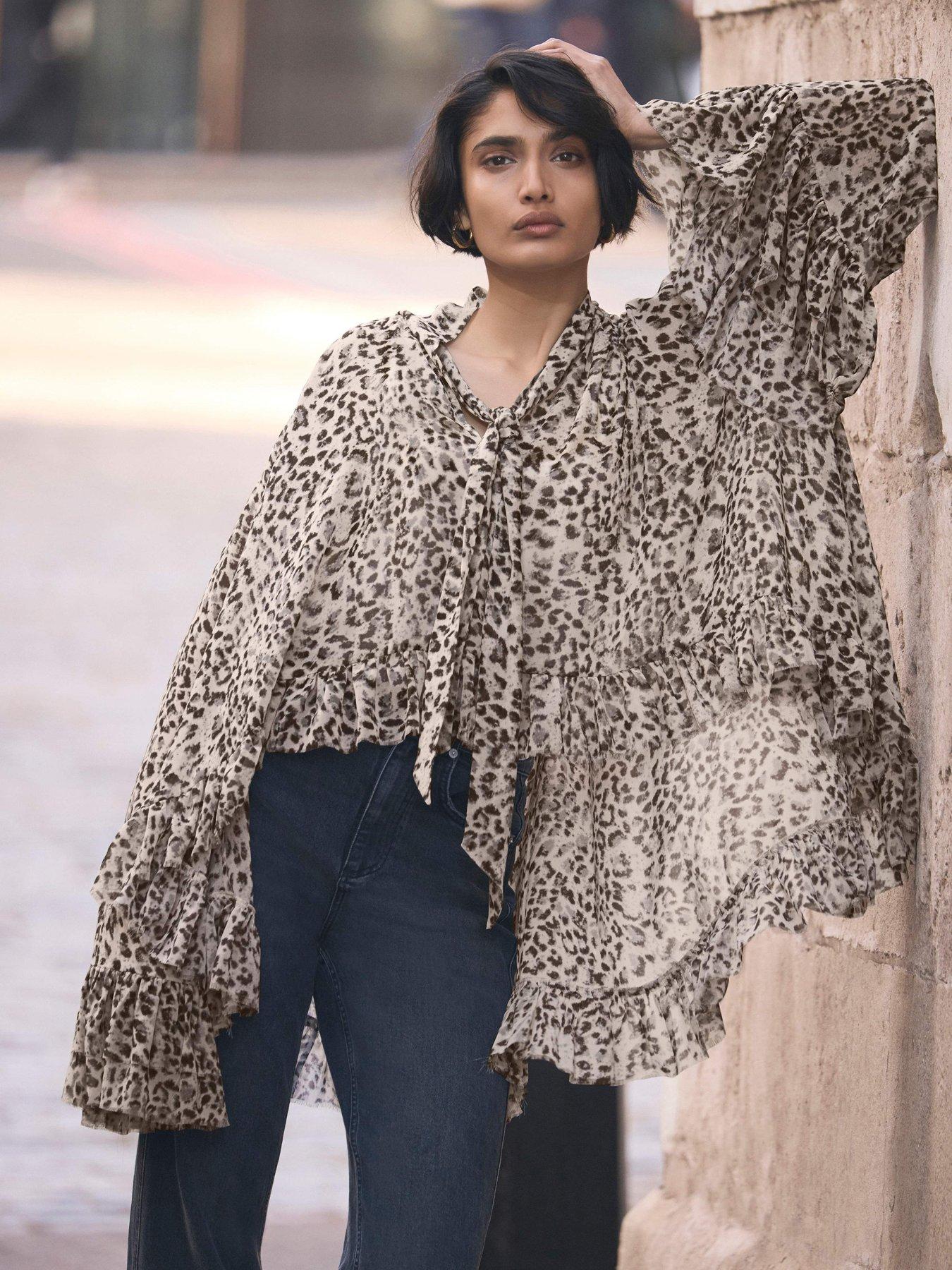 Mint Velvet Leopard Print Ruffle Blouse - Cream