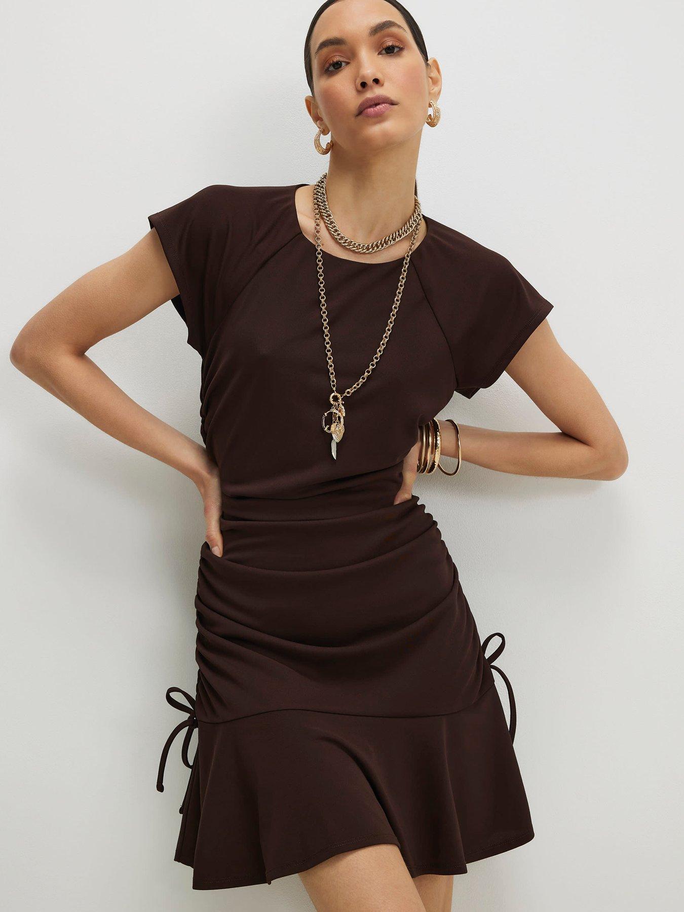 River Island Short Sleeve Ruched Mini Dress - Brown