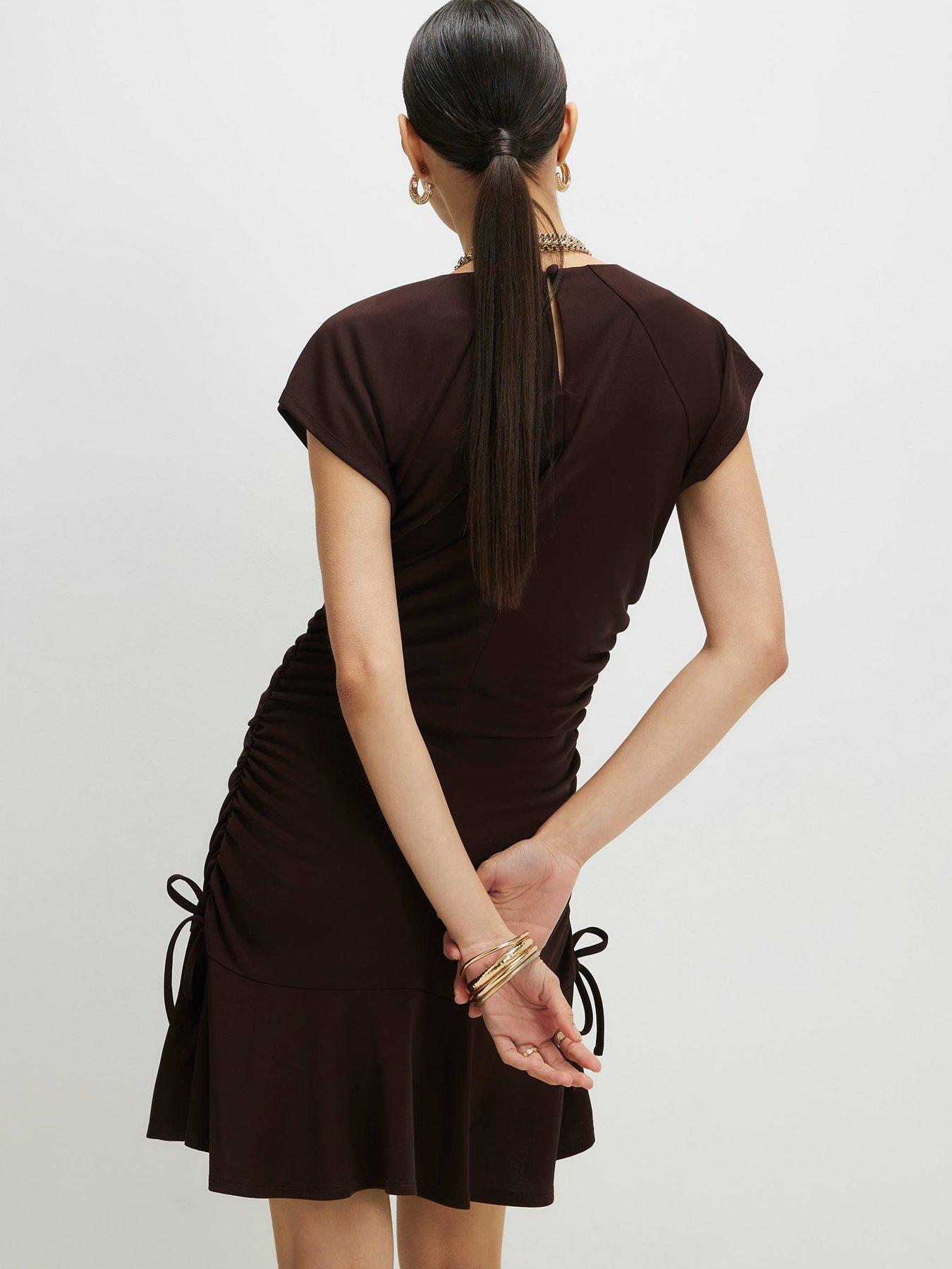 Image 2 of 5 of River Island Short Sleeve Ruched Mini Dress - Brown