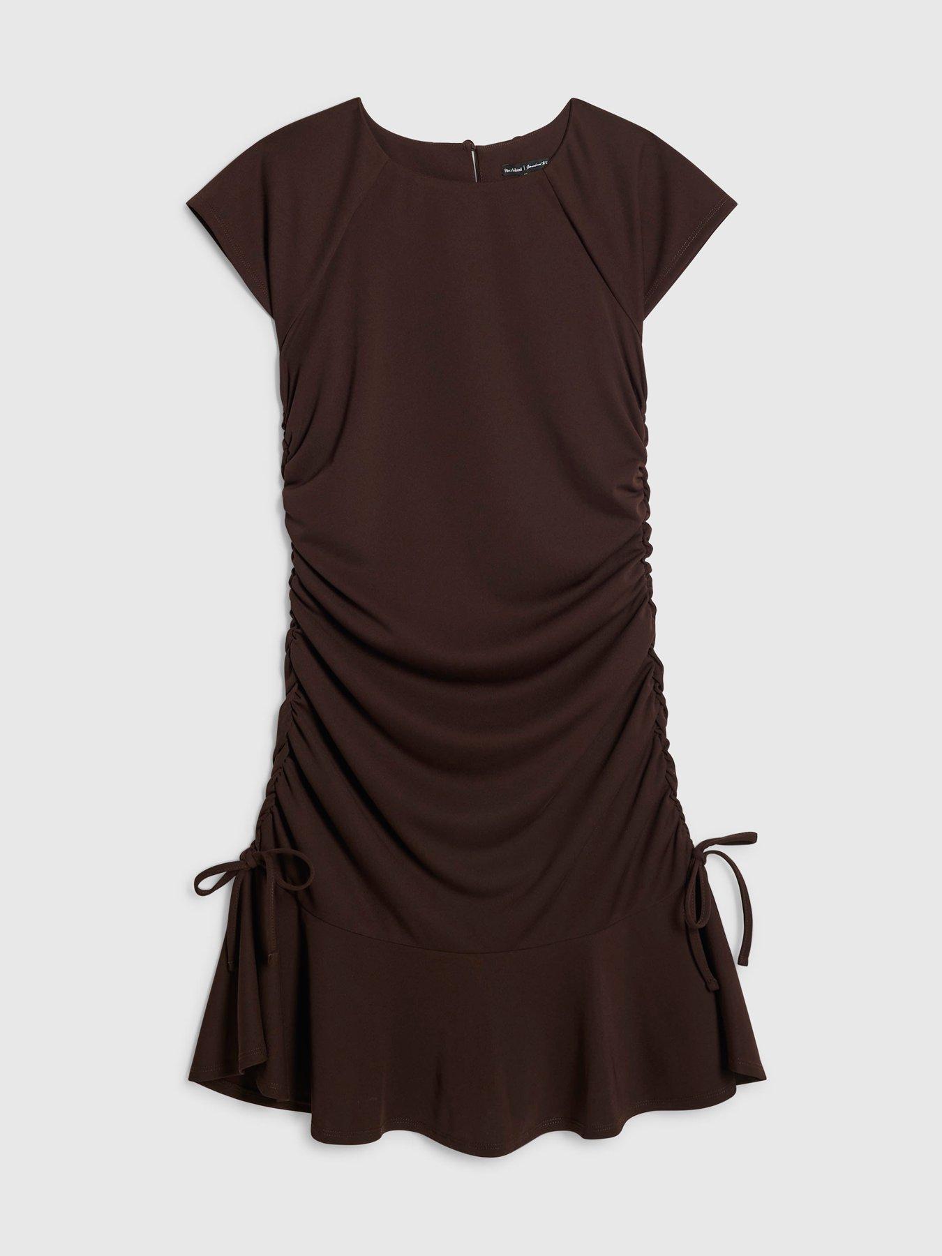 Image 4 of 5 of River Island Short Sleeve Ruched Mini Dress - Brown