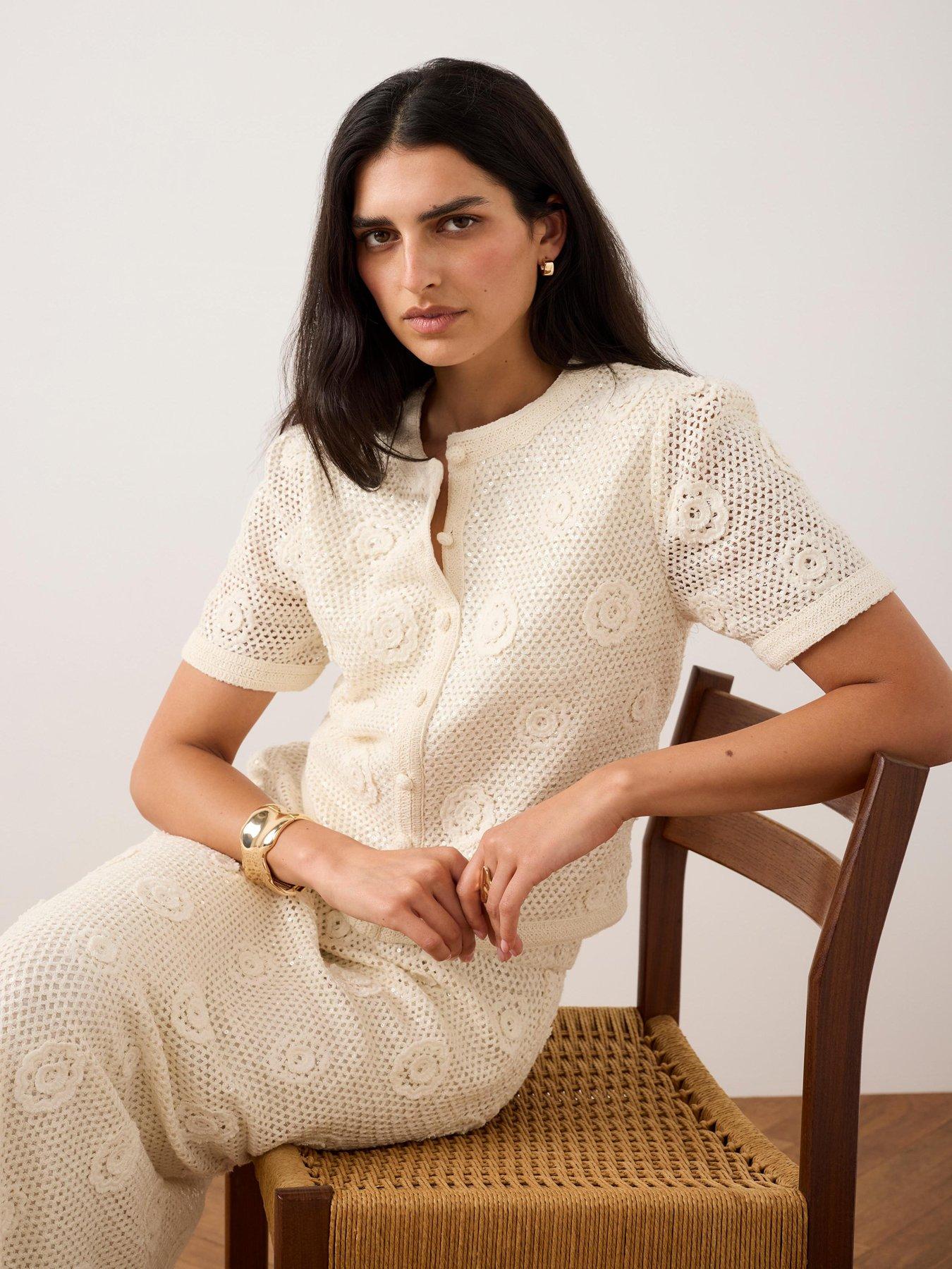 Image 1 of 6 of Mint Velvet Sequin Flower Top - Neutral