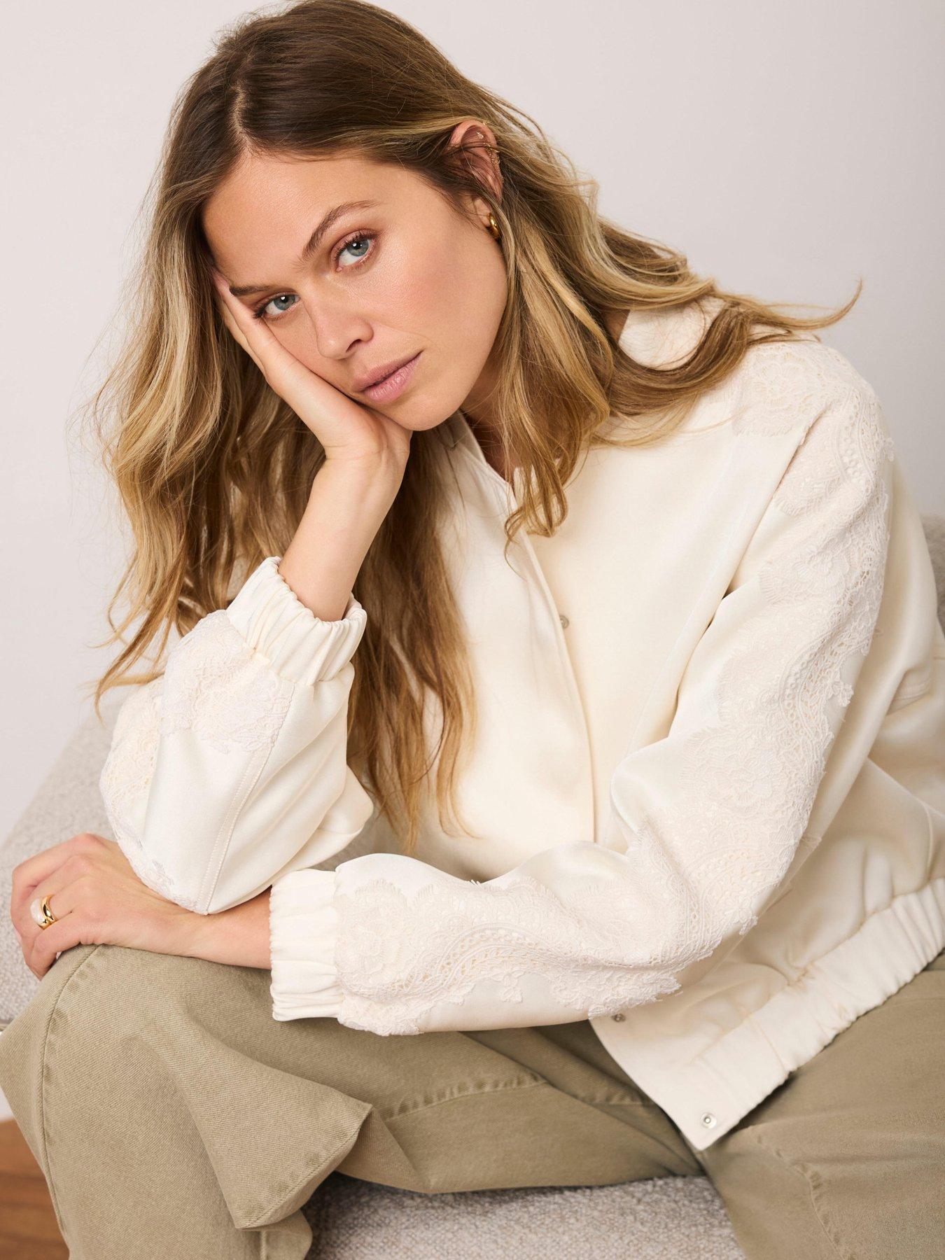 Image 2 of 6 of Mint Velvet Satin Lace Sleeve Bomber Jacket - Cream