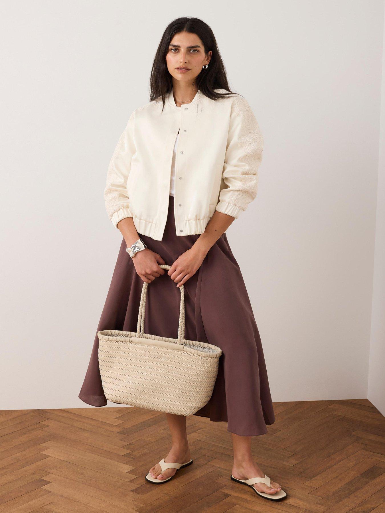 Image 4 of 6 of Mint Velvet Satin Lace Sleeve Bomber Jacket - Cream