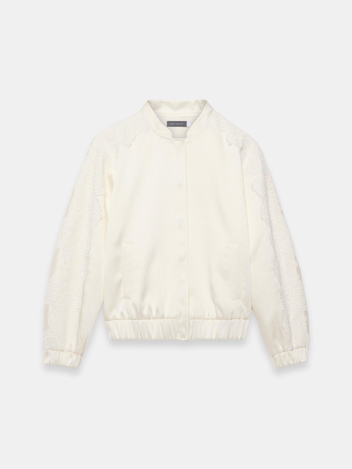 Image 5 of 6 of Mint Velvet Satin Lace Sleeve Bomber Jacket - Cream