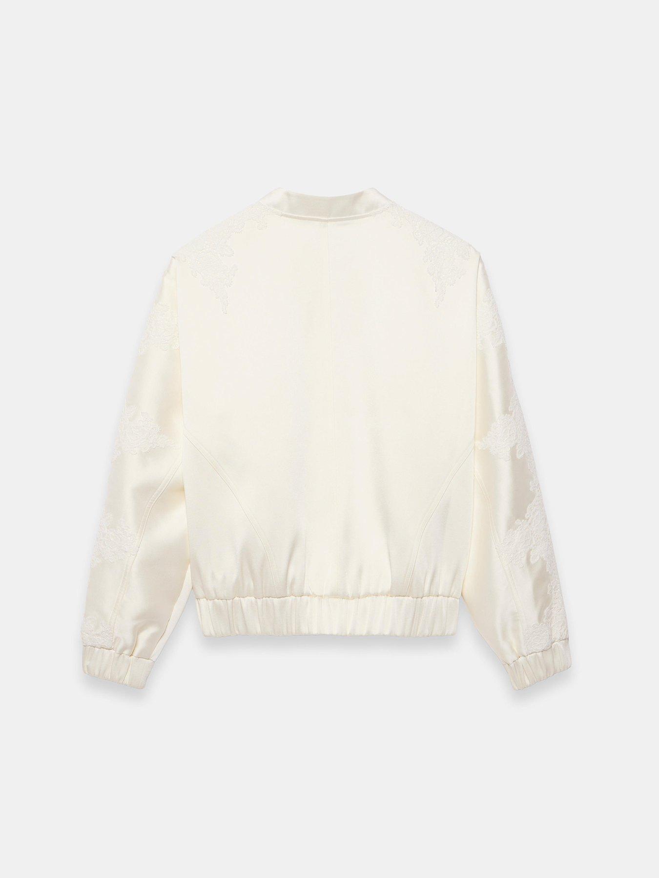 Image 6 of 6 of Mint Velvet Satin Lace Sleeve Bomber Jacket - Cream