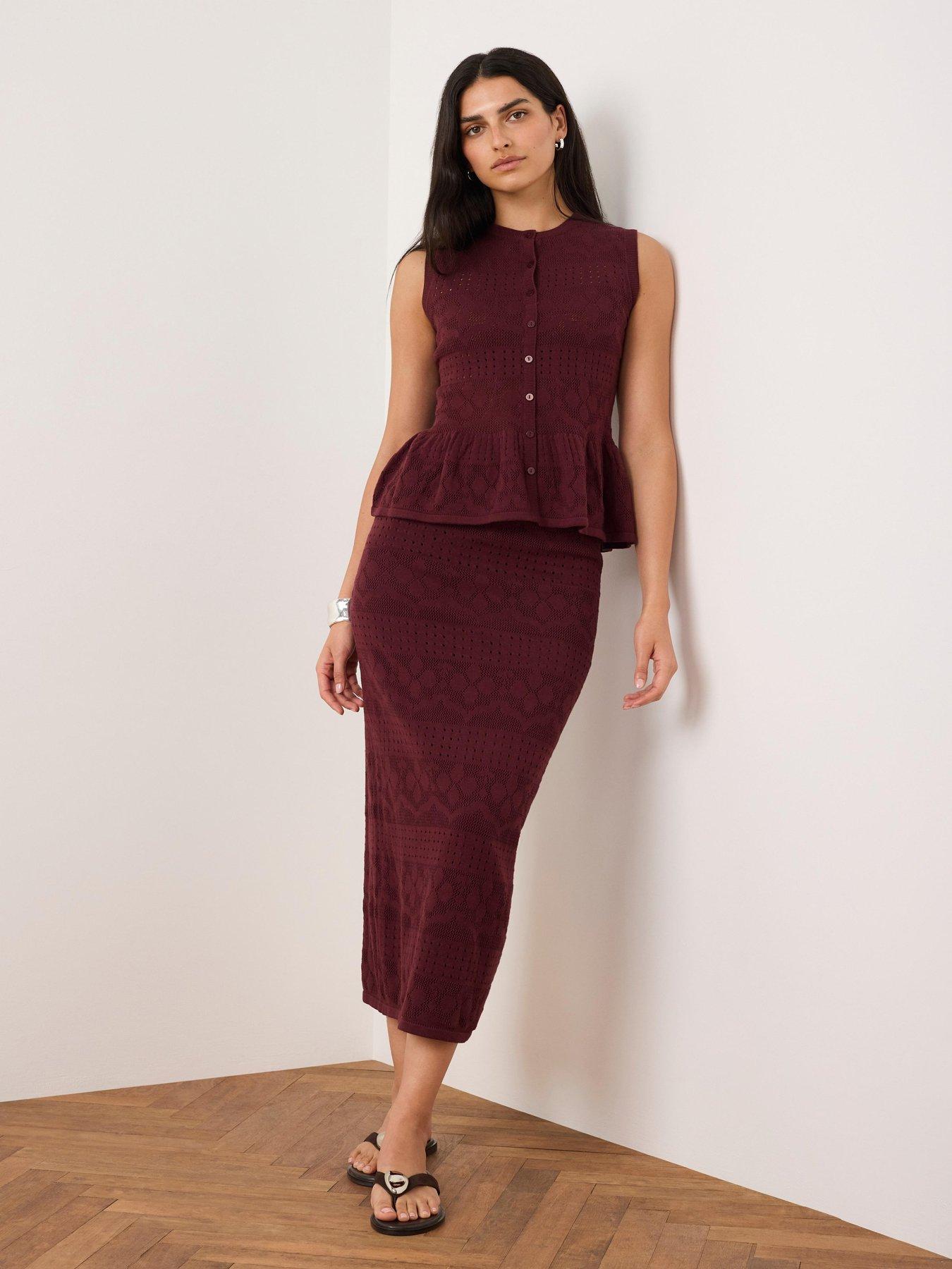 Image 1 of 6 of Mint Velvet Pointelle Knit Skirt - Burgundy