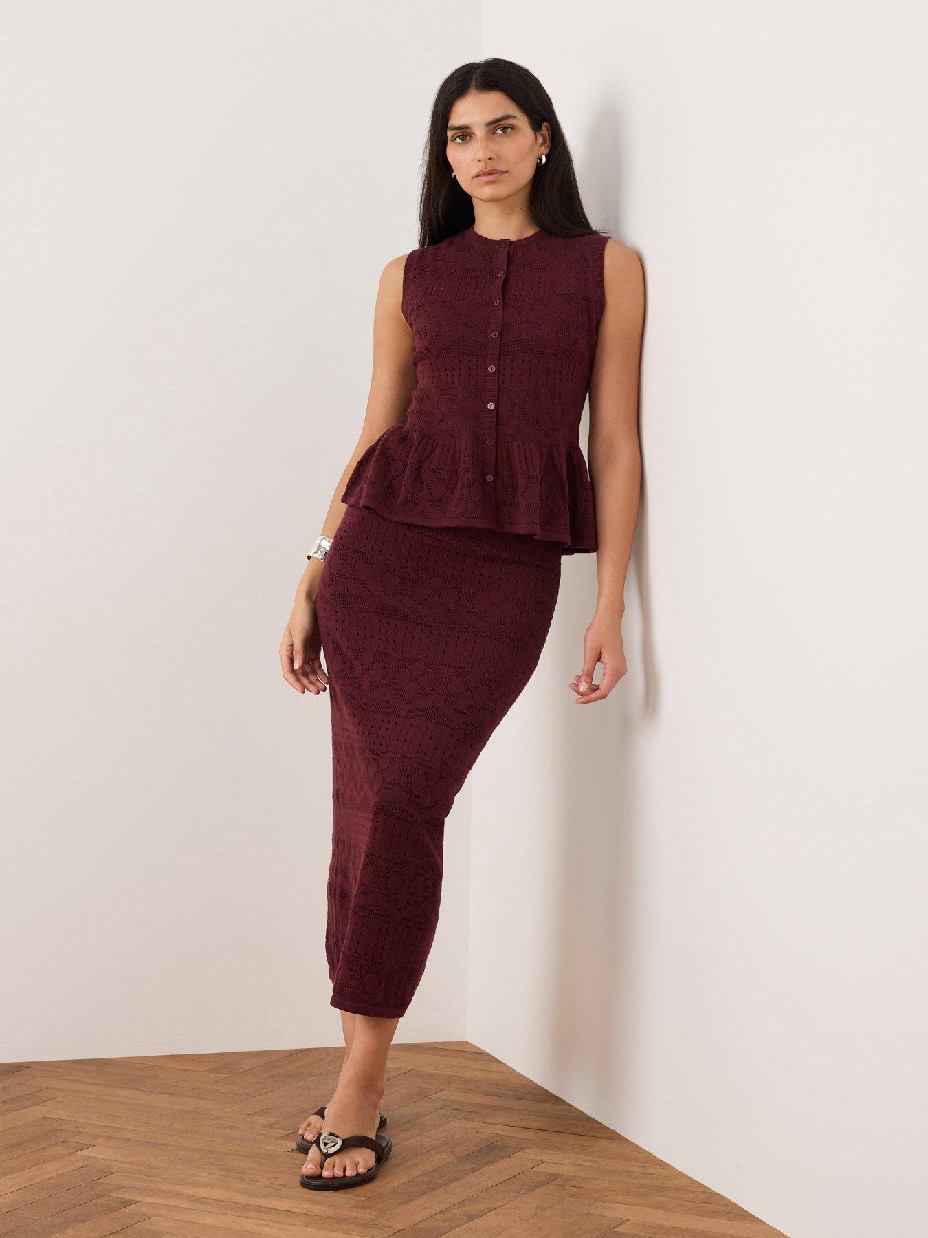 Image 2 of 6 of Mint Velvet Pointelle Knit Skirt - Burgundy