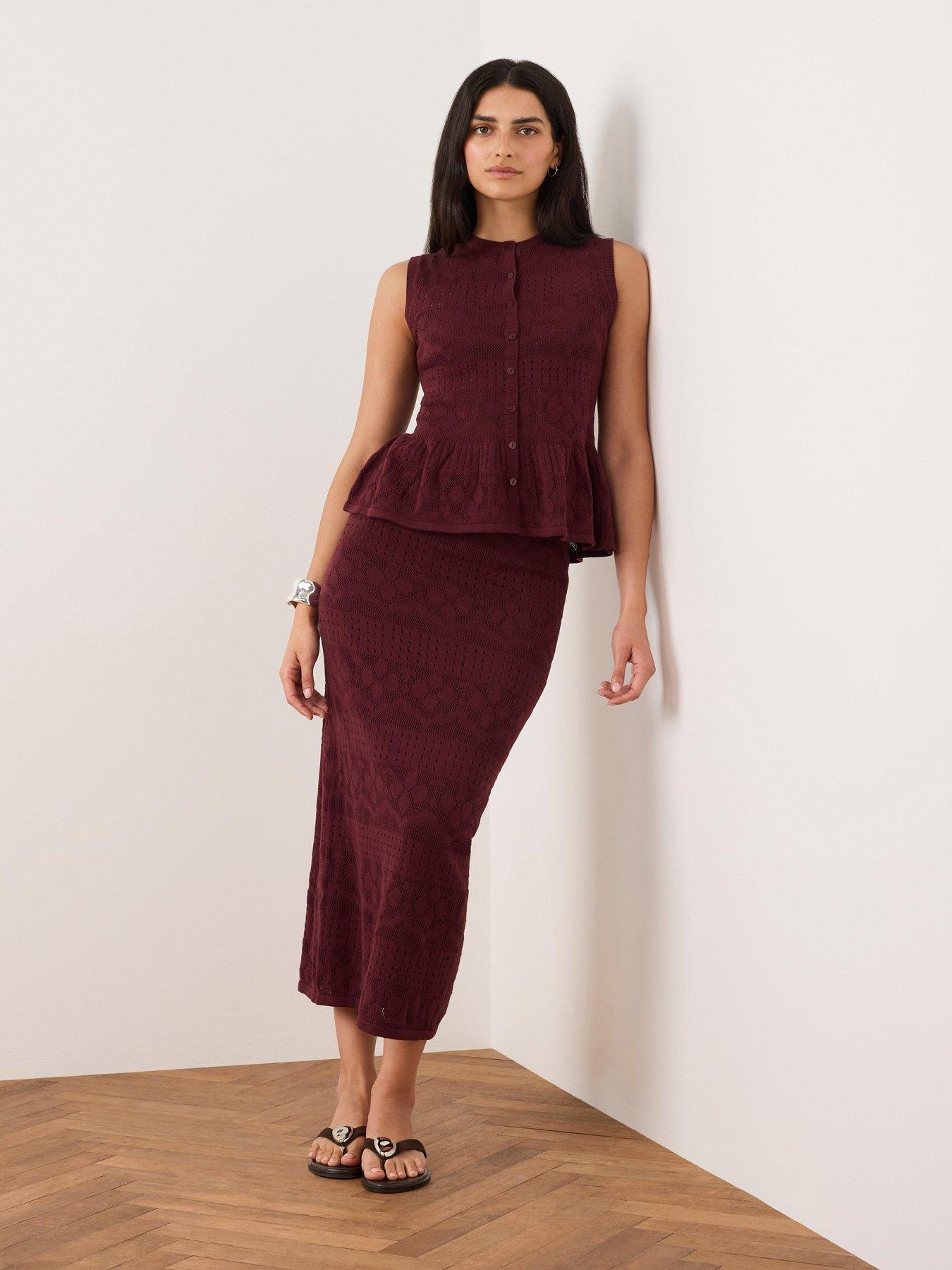 Image 4 of 6 of Mint Velvet Pointelle Knit Skirt - Burgundy