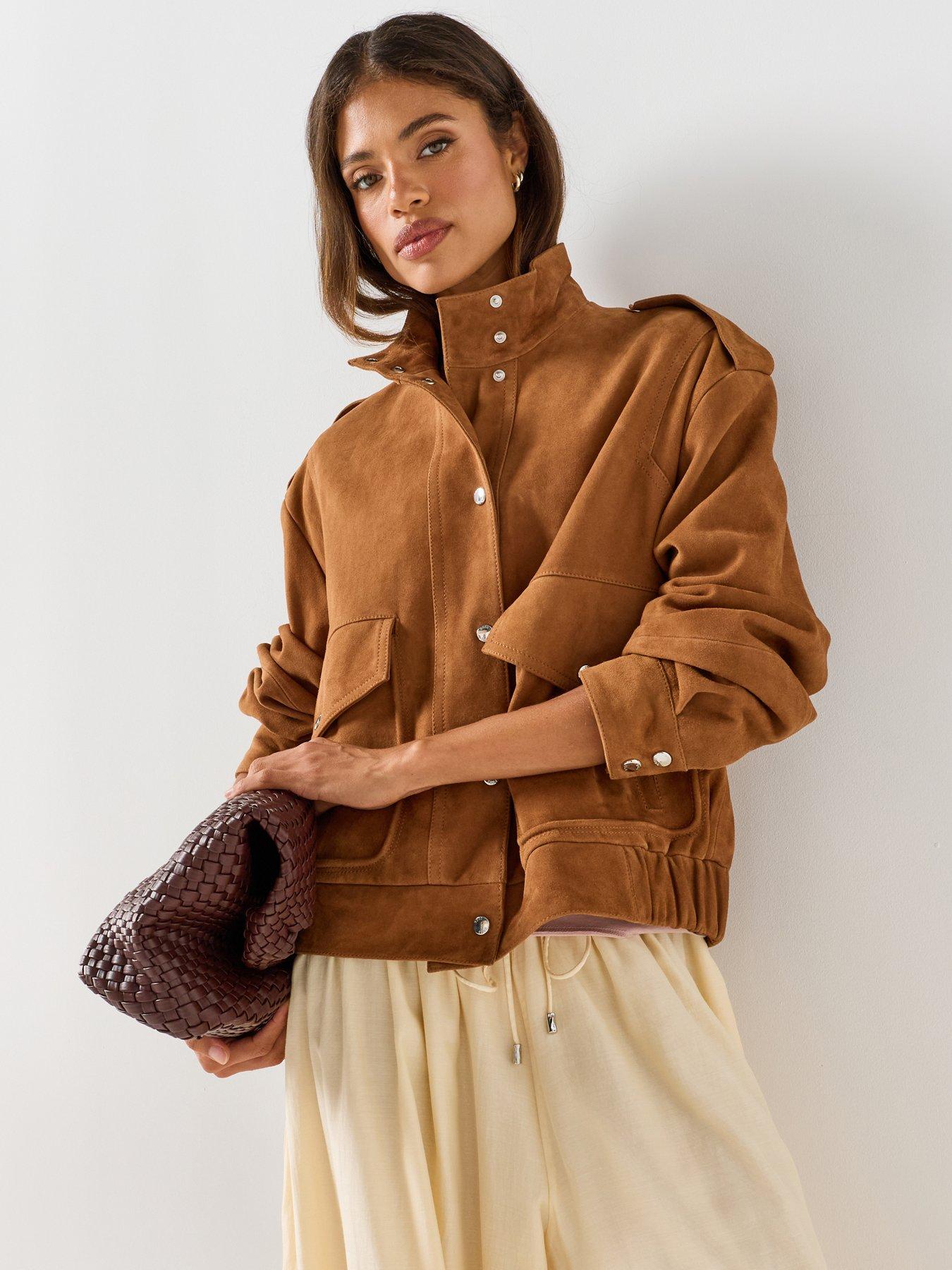 BOSS Women's Utility Jacket with Oversized Patch Pockets and High Collar - Tan