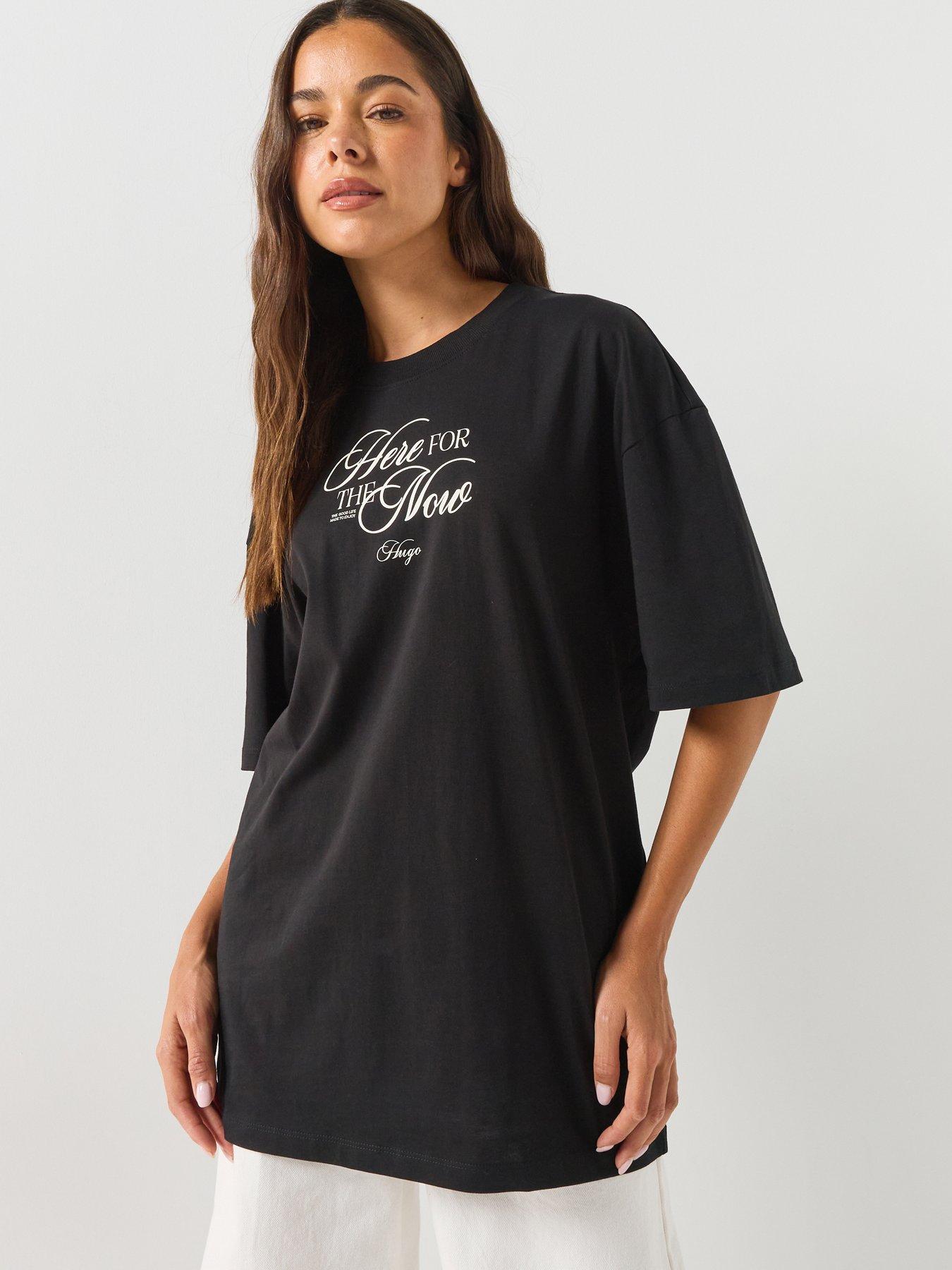 HUGO Oversized Graphic Cotton T-Shirt with Statement Print - Black