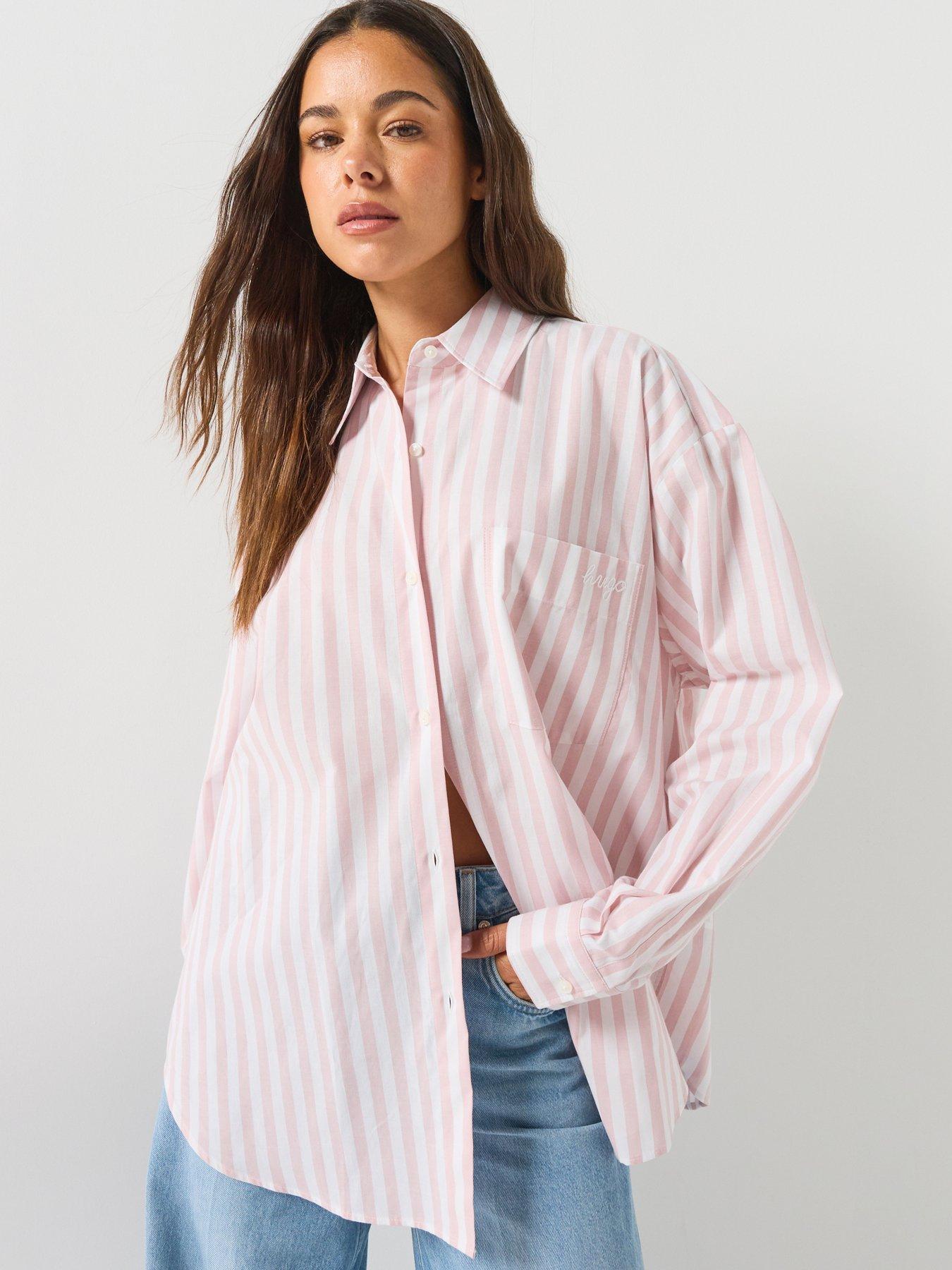 HUGO Striped-Cotton Oversized-Fit Blouse With HUGO Logo - Light Pink