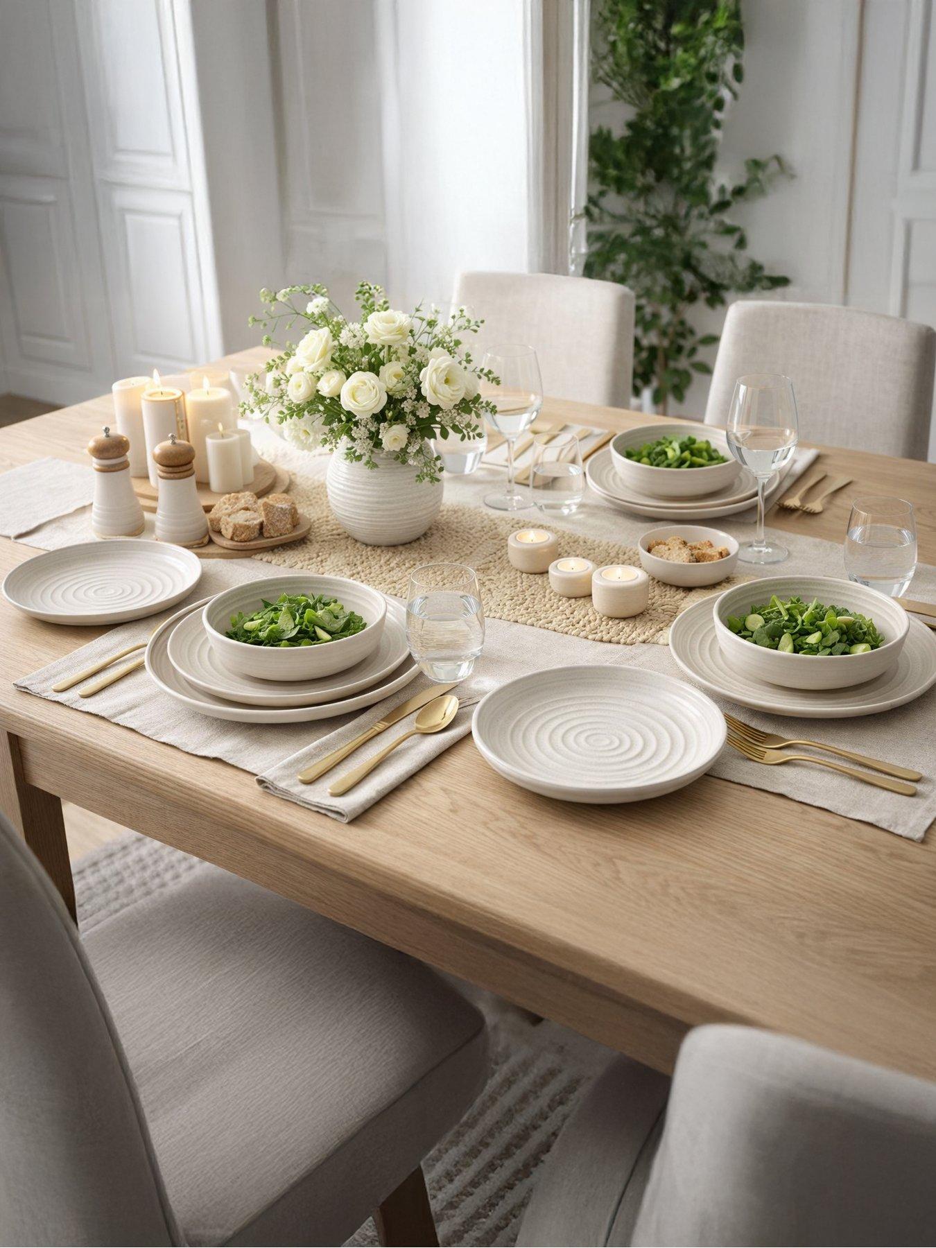 WATERSIDE 12Pc Cream White Ribbed Dinner Set