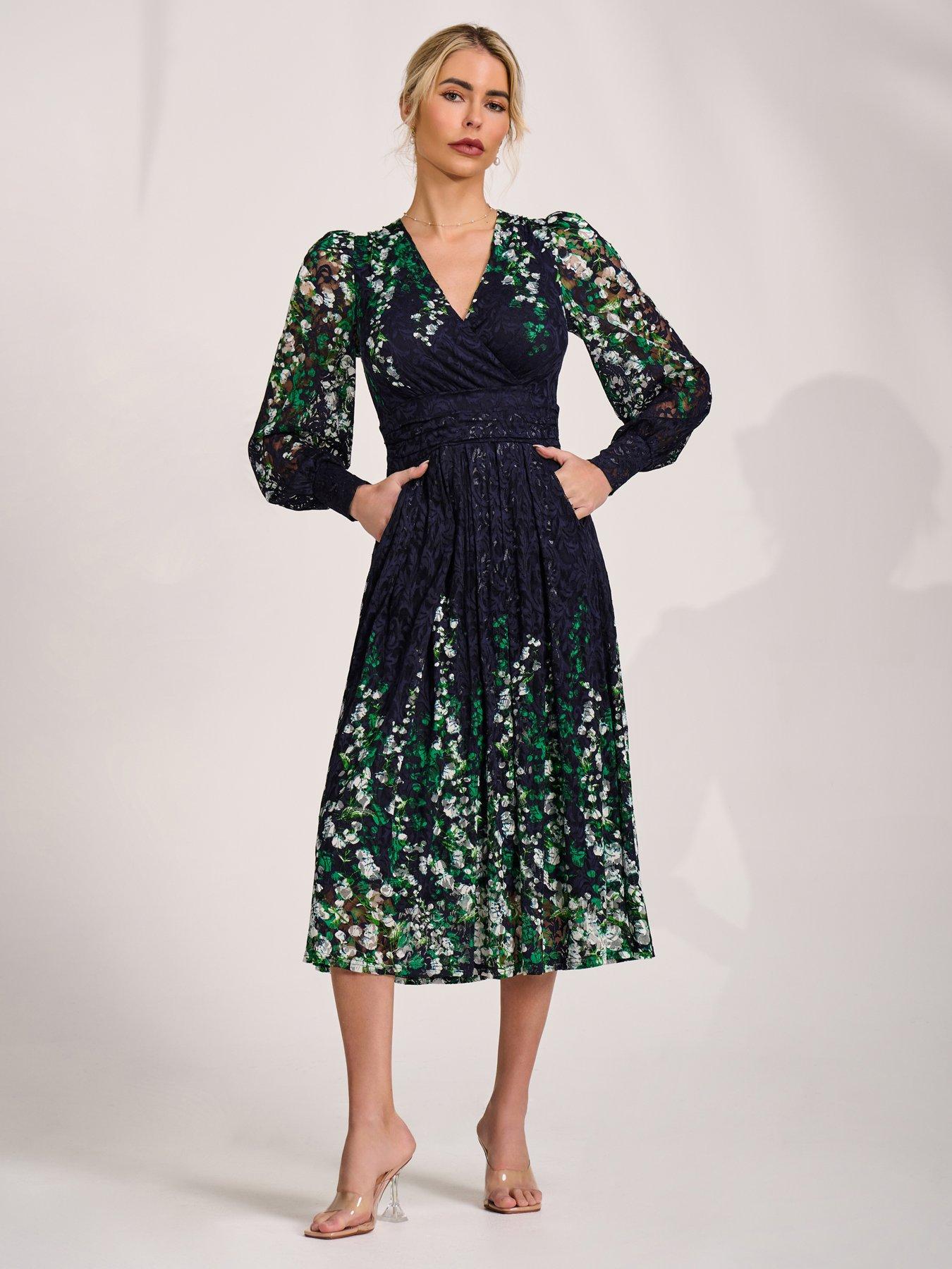 Jolie Moi Long Sleeve Printed Lace Midi Dress - Green