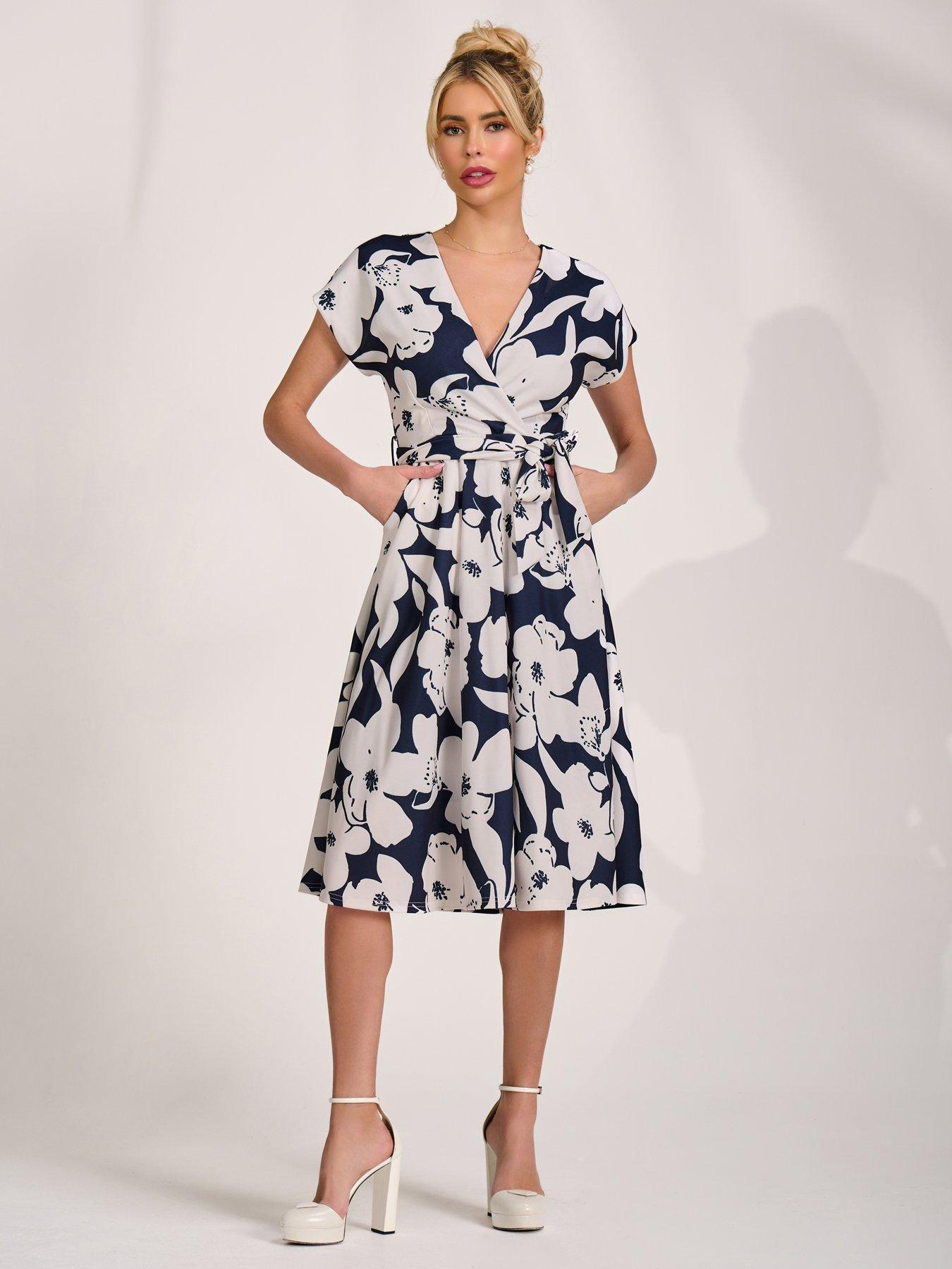 Jolie Moi V Neck Print Scuba Midi Dress - Navy | Very