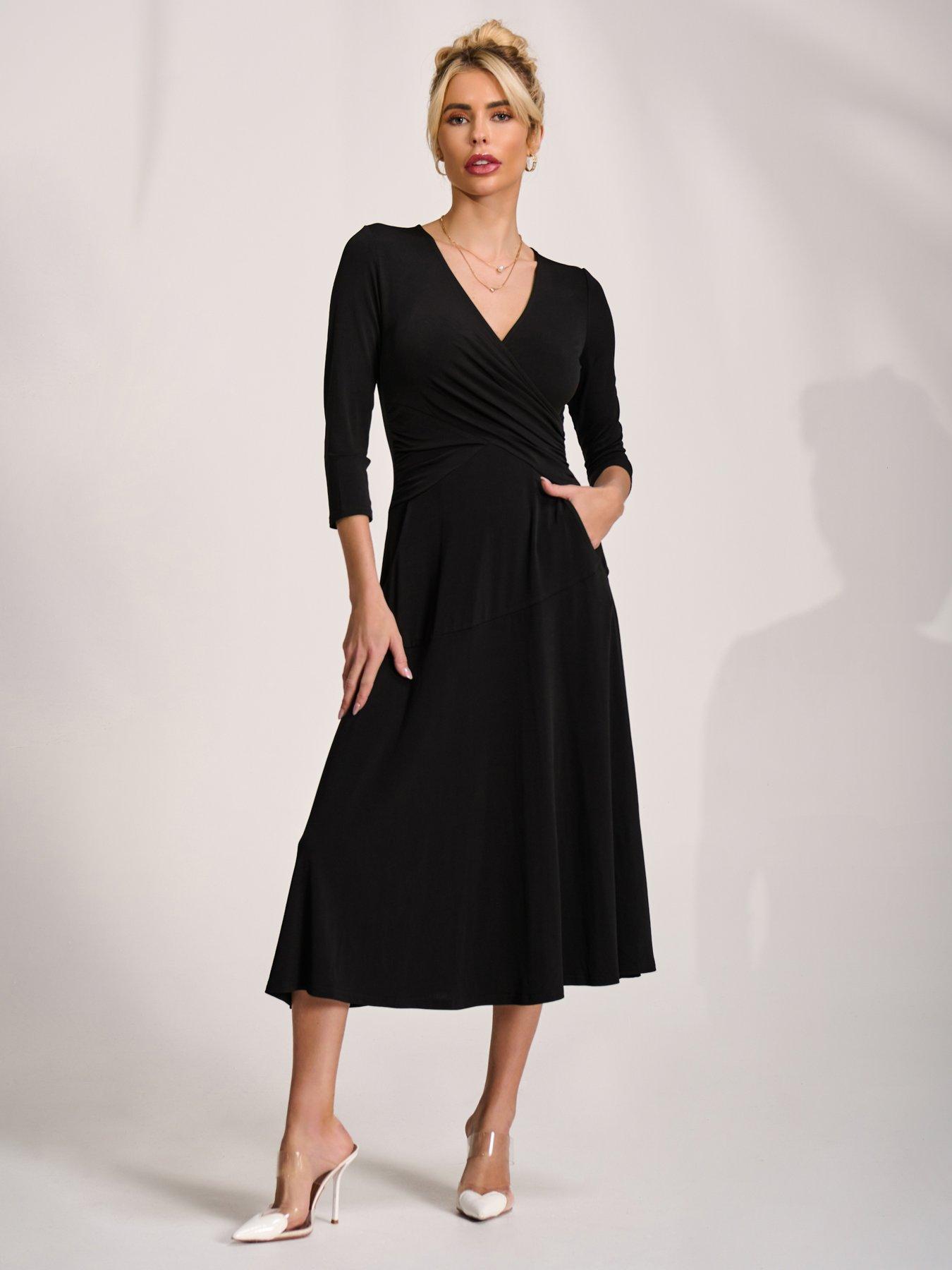 knee length dresses for ladies Black Moss Midi Stretchy Slinky Jersey Dress, L