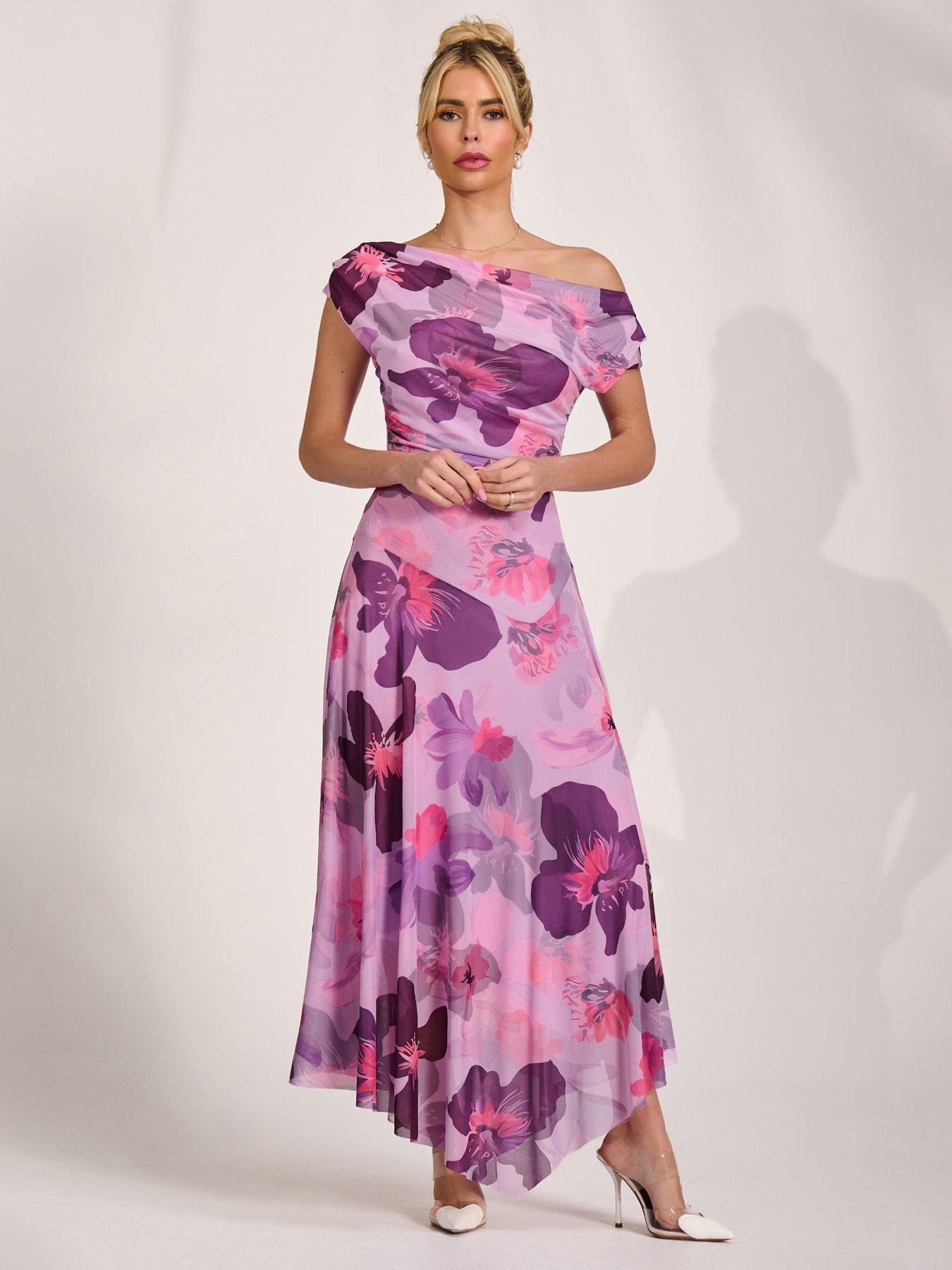 Jolie Moi Asymmetrical Draped Mesh Maxi Dress - Pink