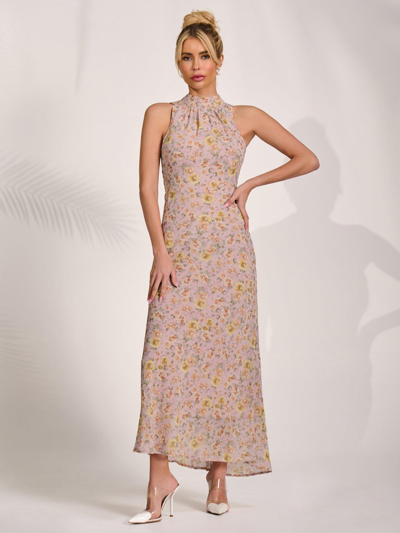 Jolie Moi Sleeveless Chiffon Halterneck Midaxi Dress - Pink | Very