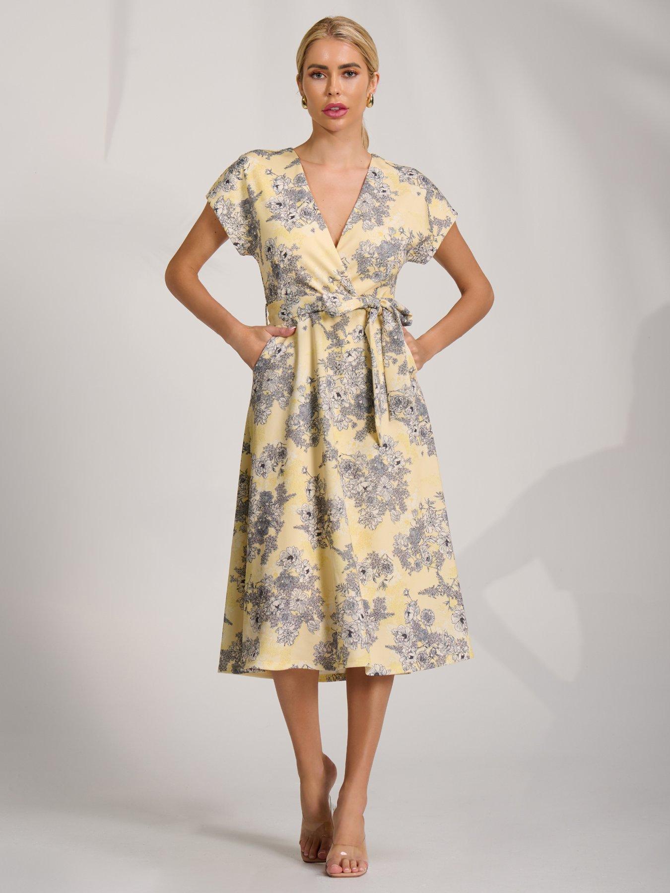Jolie Moi Kimono Sleeve Print Scuba Midi Dress - Yellow | Very