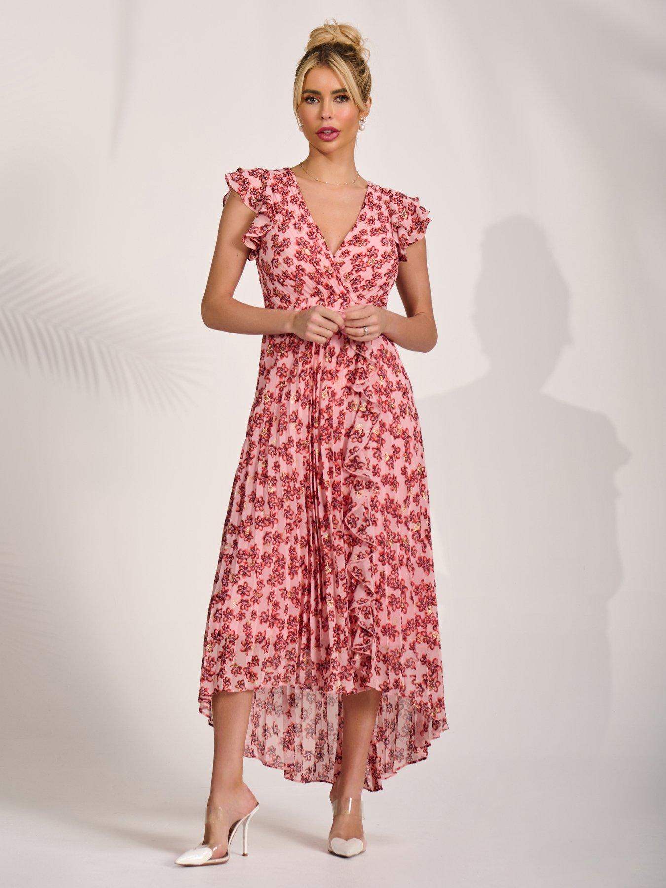 chiffon dip hem dress Jolie Moi Pleated Chiffon Dip Hem Maxi Dress - Pink