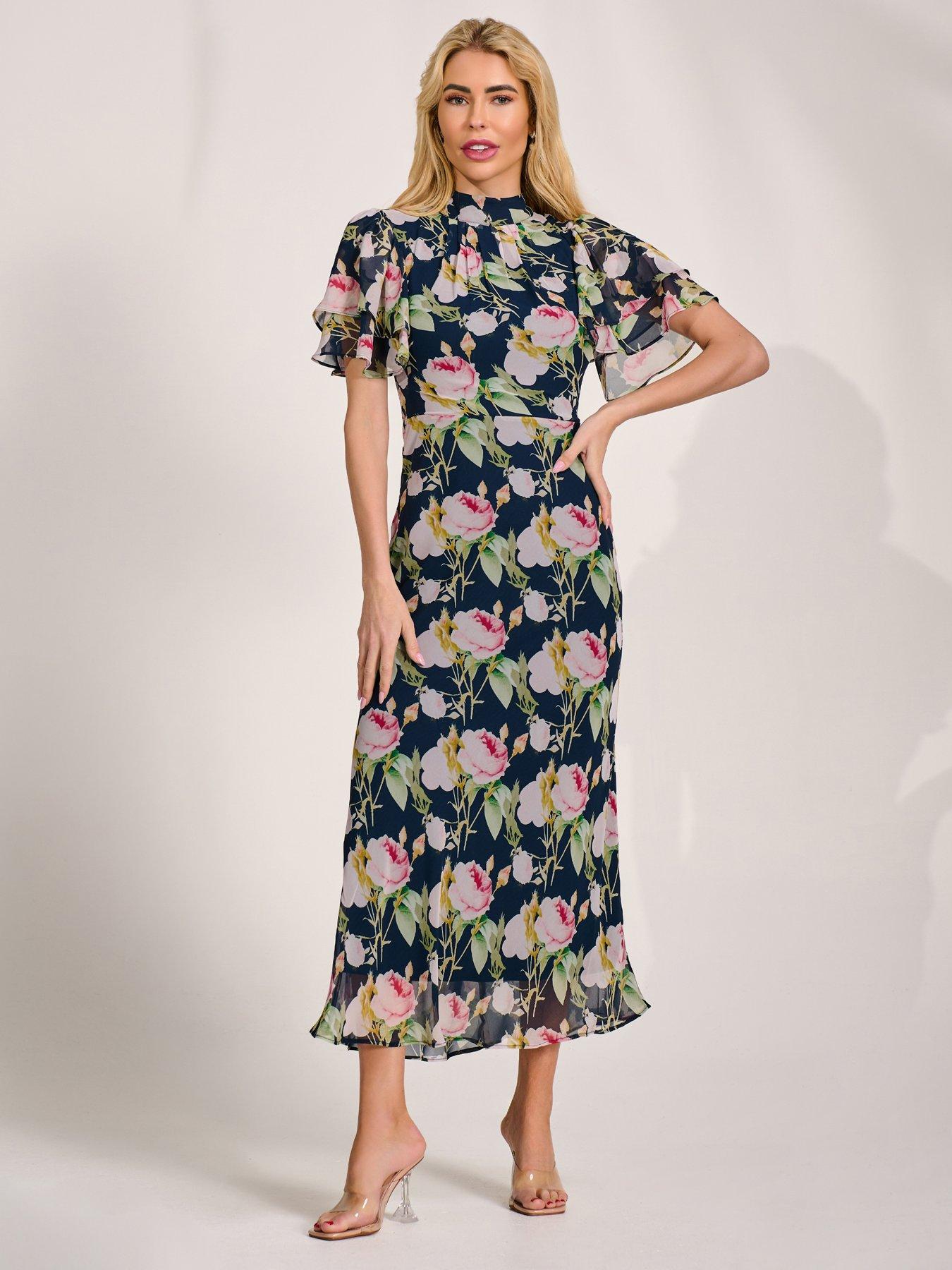 Jolie Moi High Neck Angel Sleeve Chiffon Maxi Dress - Navy