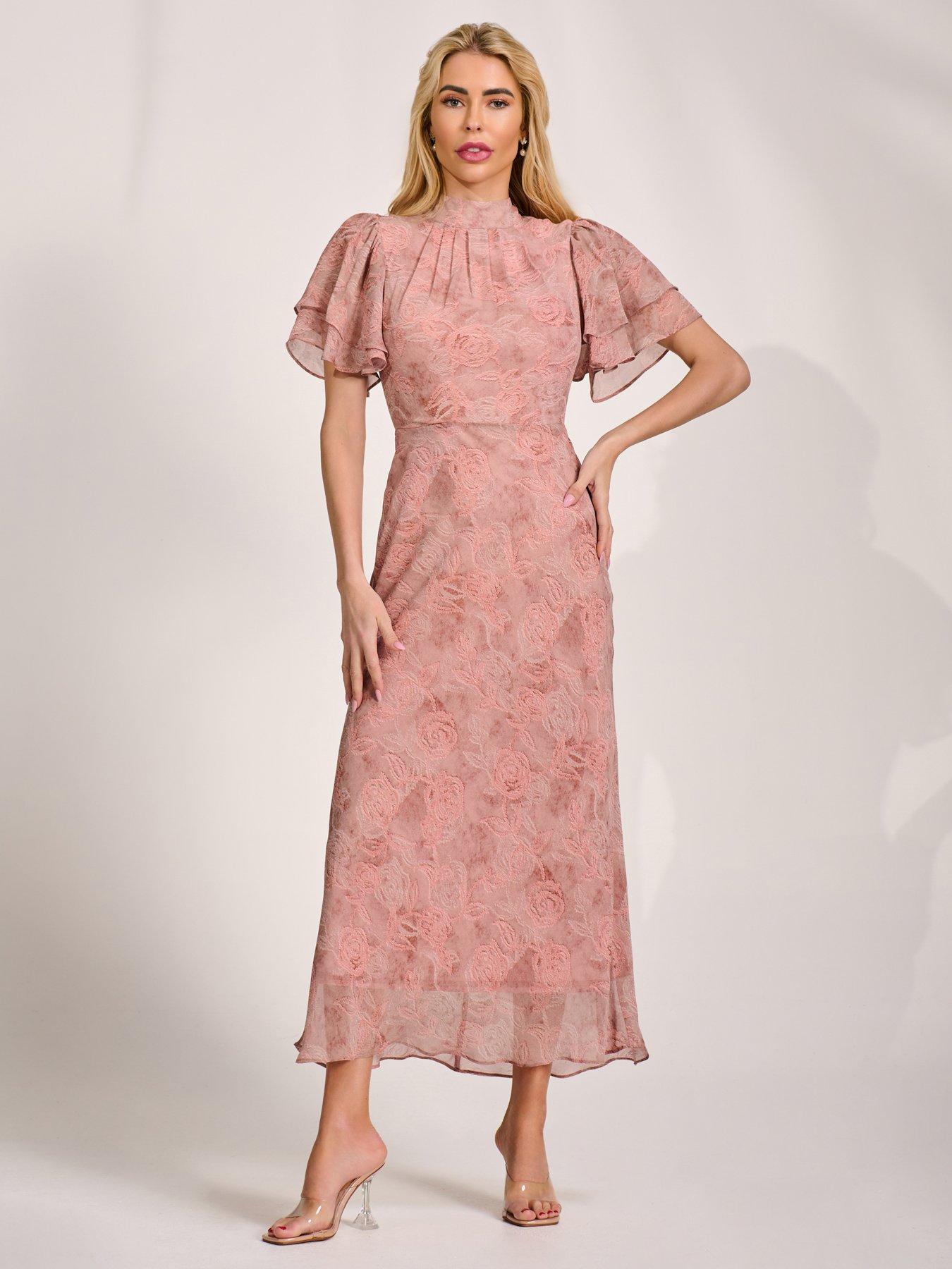 Jolie Moi High Neck Angel Sleeve Chiffon Maxi Dress - Pink