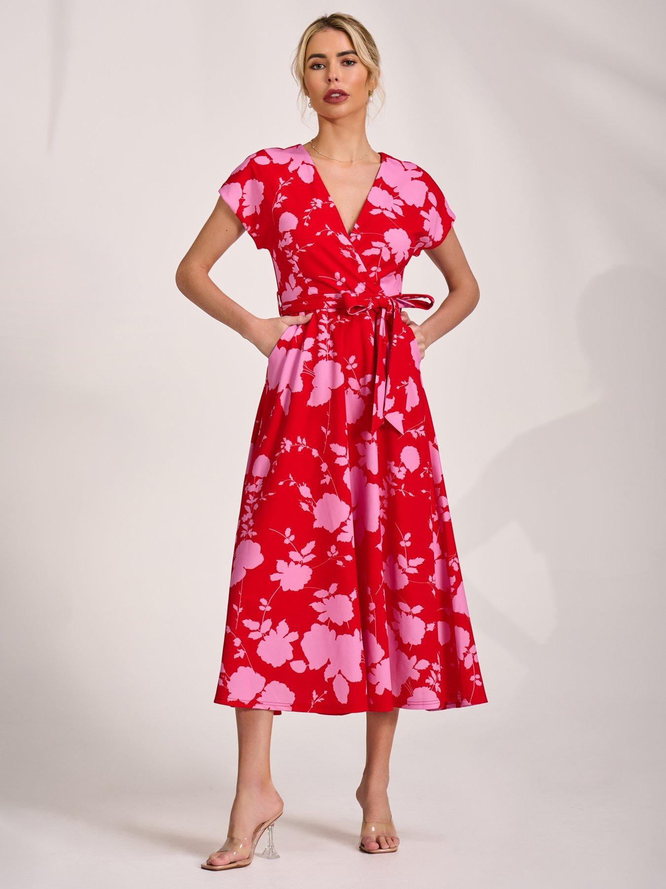 Jolie Moi Kimono Sleeve Print Scuba Midaxi Dress - Red | Very