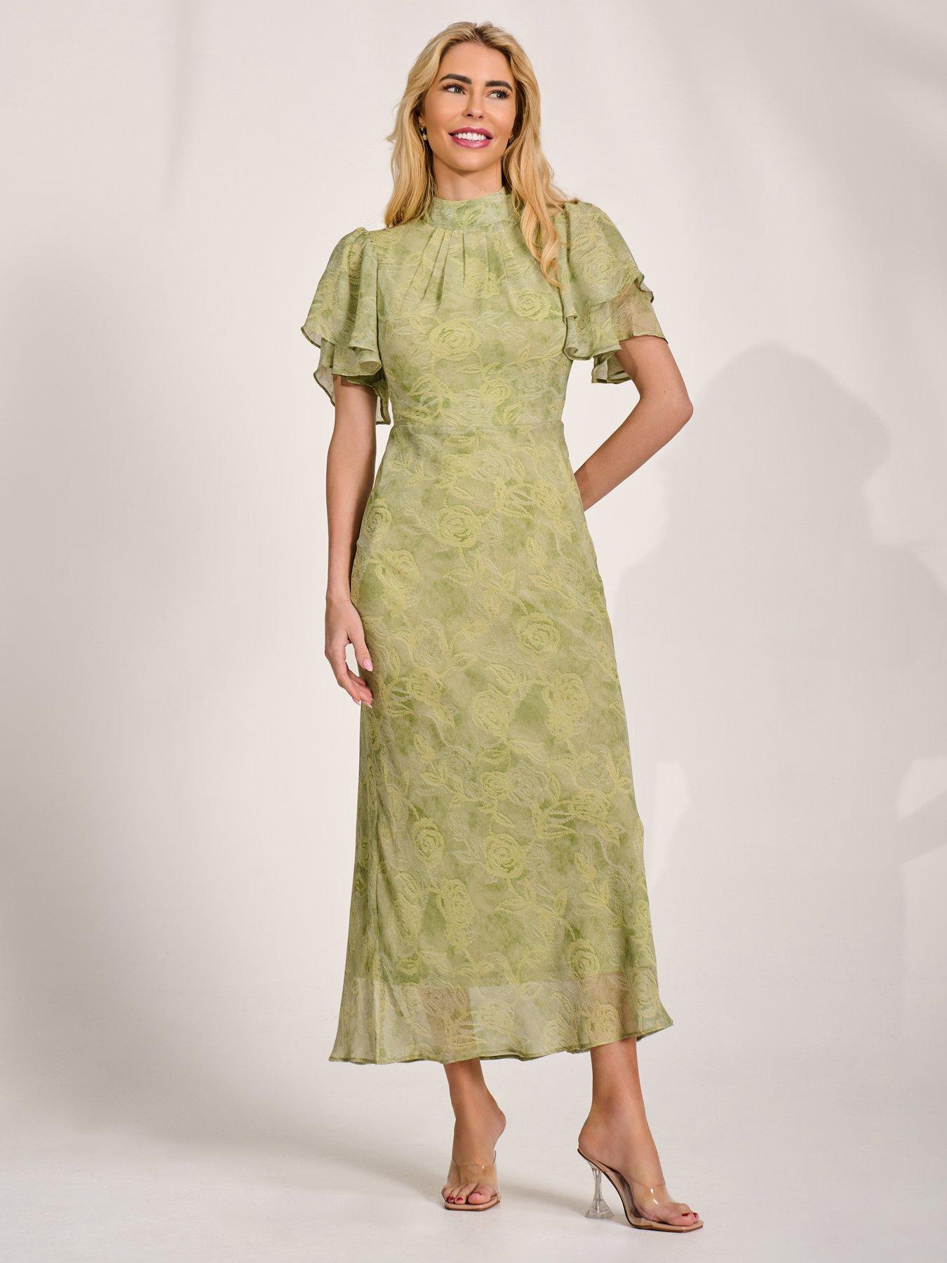 Jolie Moi High Neck Angel Sleeve Chiffon Maxi Dress - Green
