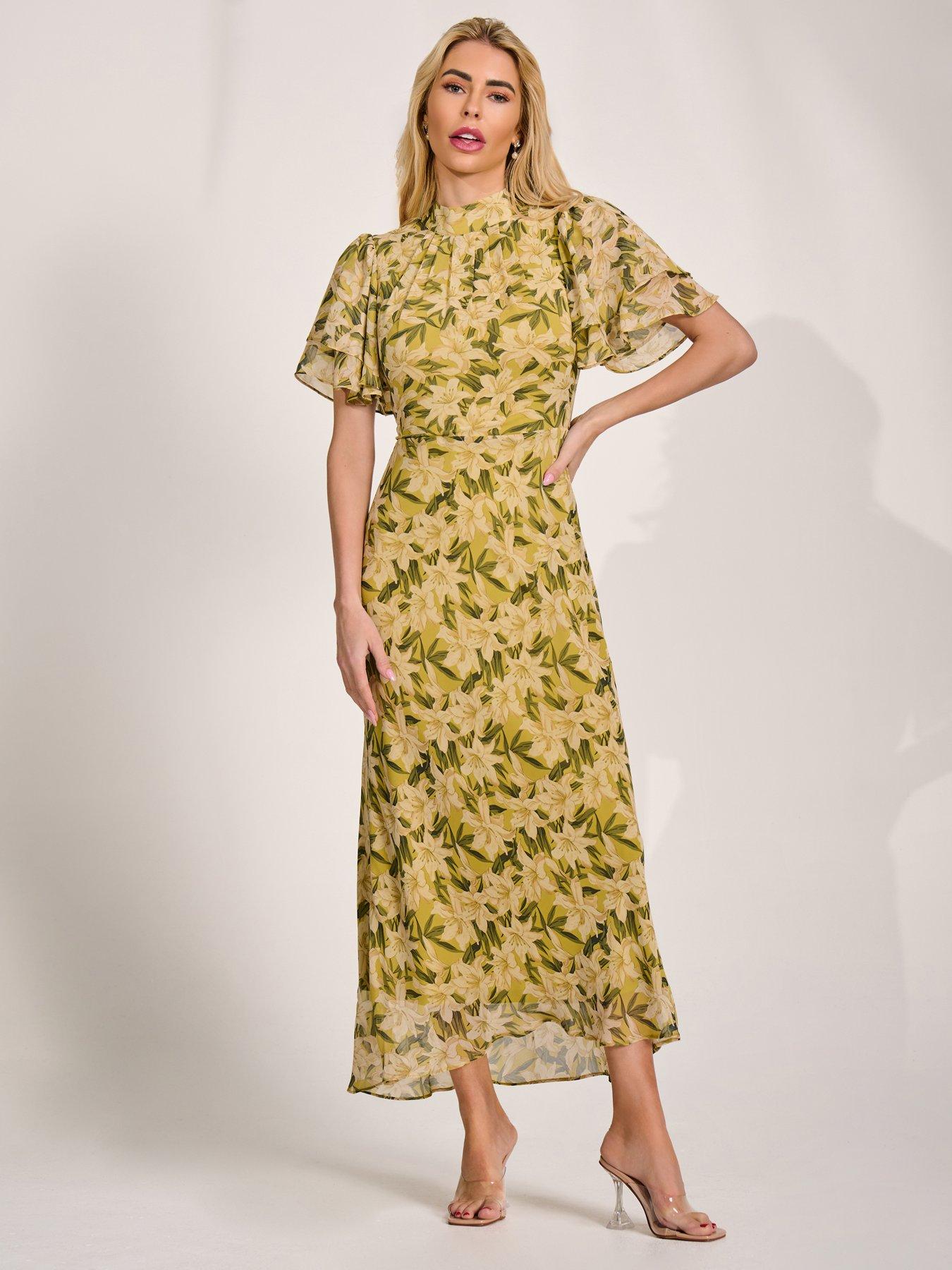 Jolie Moi High Neck Angel Sleeve Chiffon Maxi Dress - Yellow