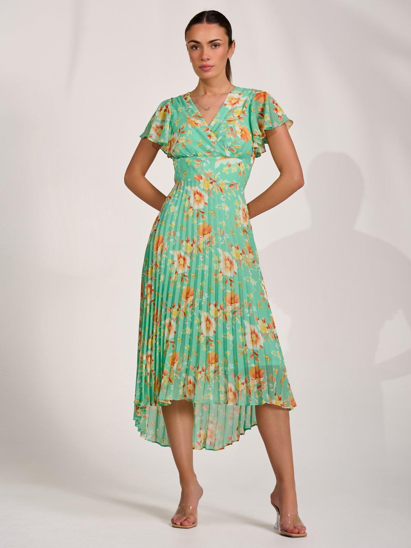 Jolie Moi Cap Sleeve Pleated Chiffon Maxi Dress - Green | Very