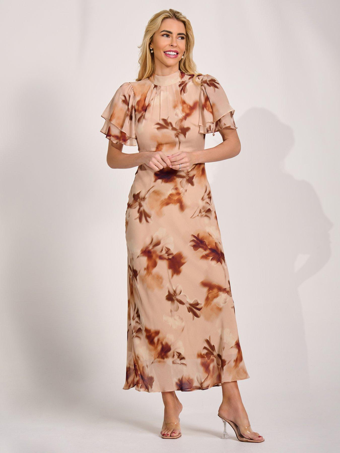 Image 1 of 7 of Jolie Moi High Neck Angel Sleeve Chiffon Maxi Dress - Brown