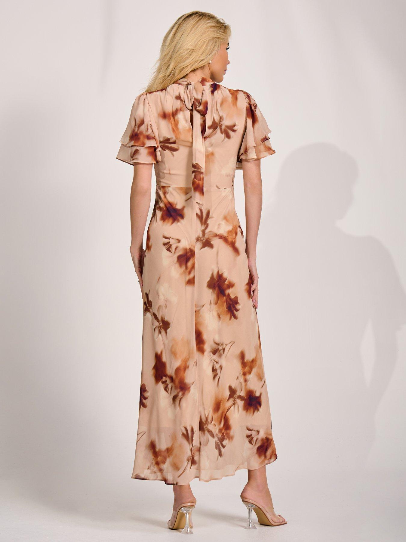 Image 2 of 7 of Jolie Moi High Neck Angel Sleeve Chiffon Maxi Dress - Brown