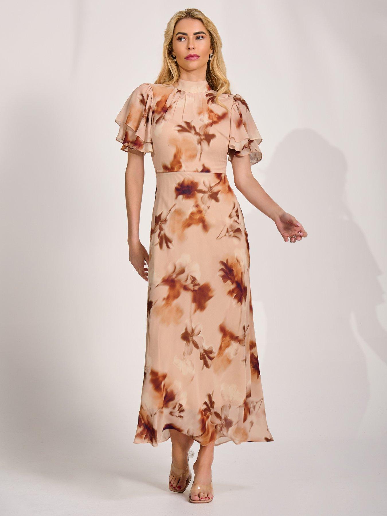Image 3 of 7 of Jolie Moi High Neck Angel Sleeve Chiffon Maxi Dress - Brown